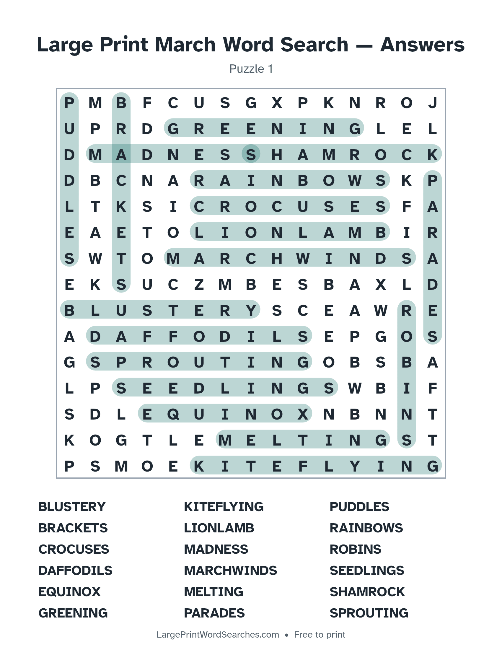 Answer key for large print march word search puzzle 1 with every hidden word highlighted