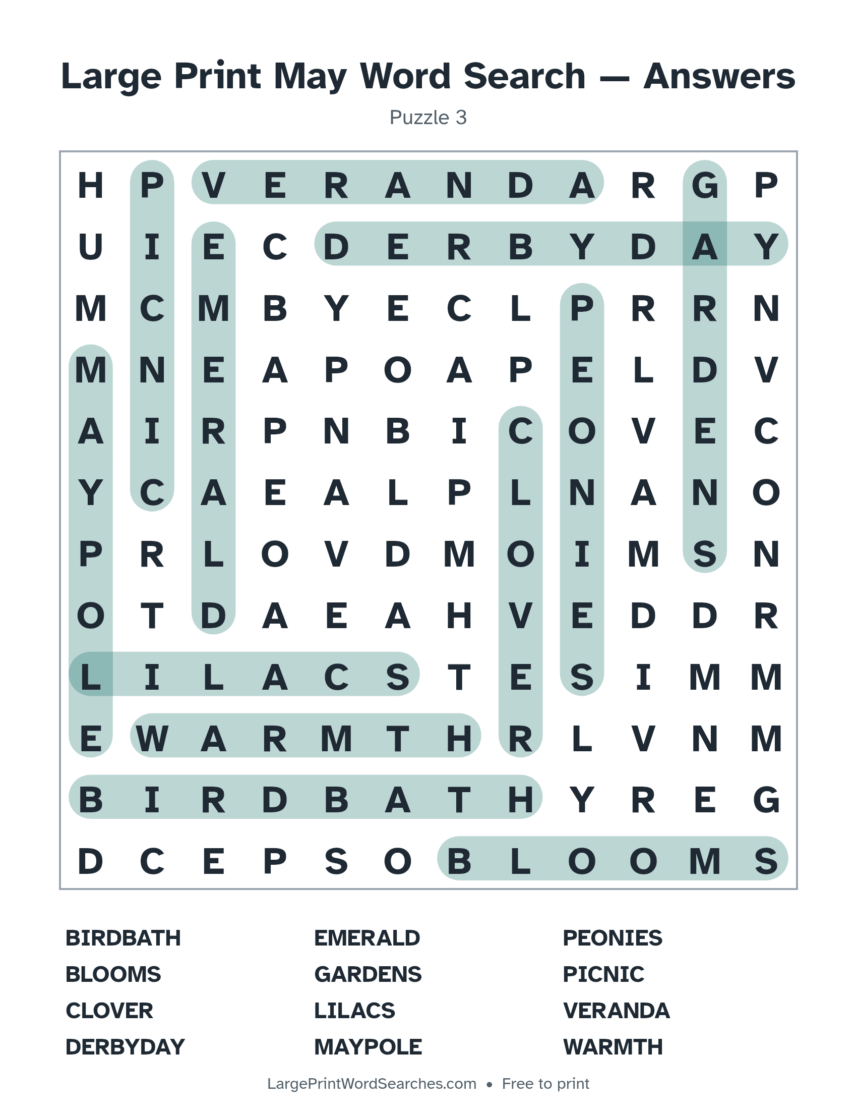 Answer key for large print may word search puzzle 3 with every hidden word highlighted