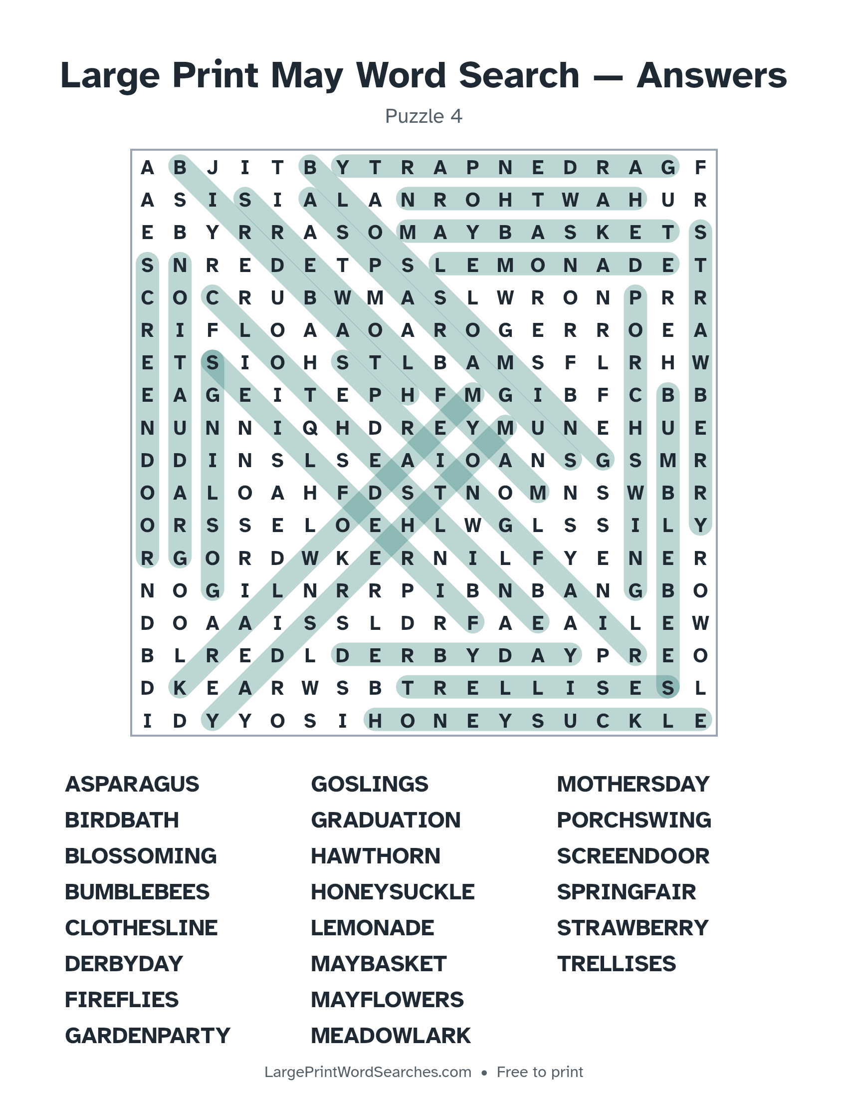 Answer key for large print may word search puzzle 4 with every hidden word highlighted