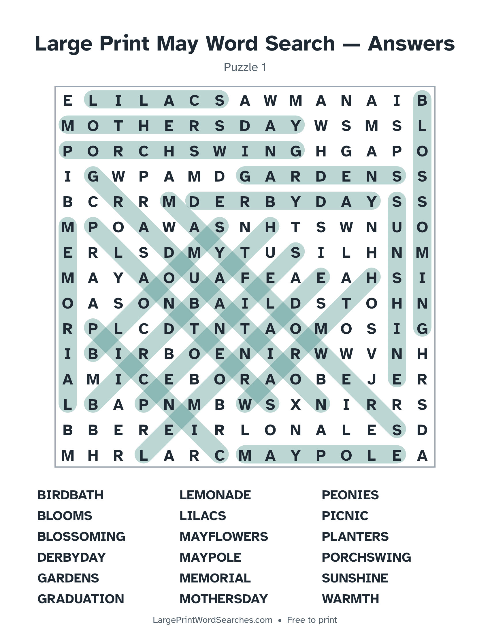 Answer key for large print may word search puzzle 1 with every hidden word highlighted
