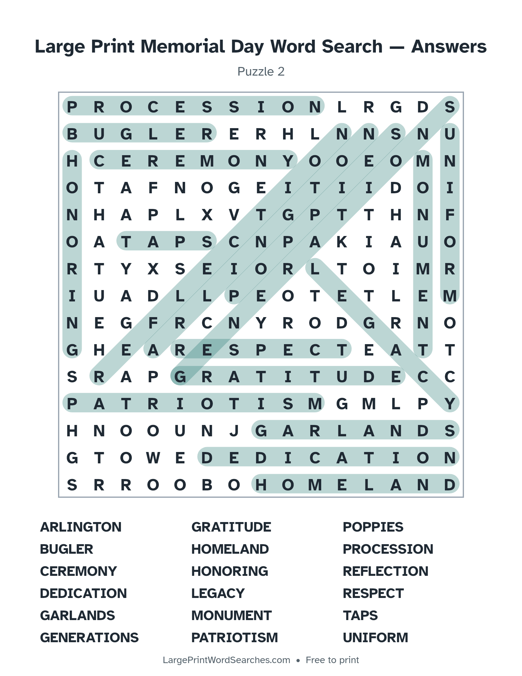 Answer key for large print memorial day word search puzzle 2 with every hidden word highlighted