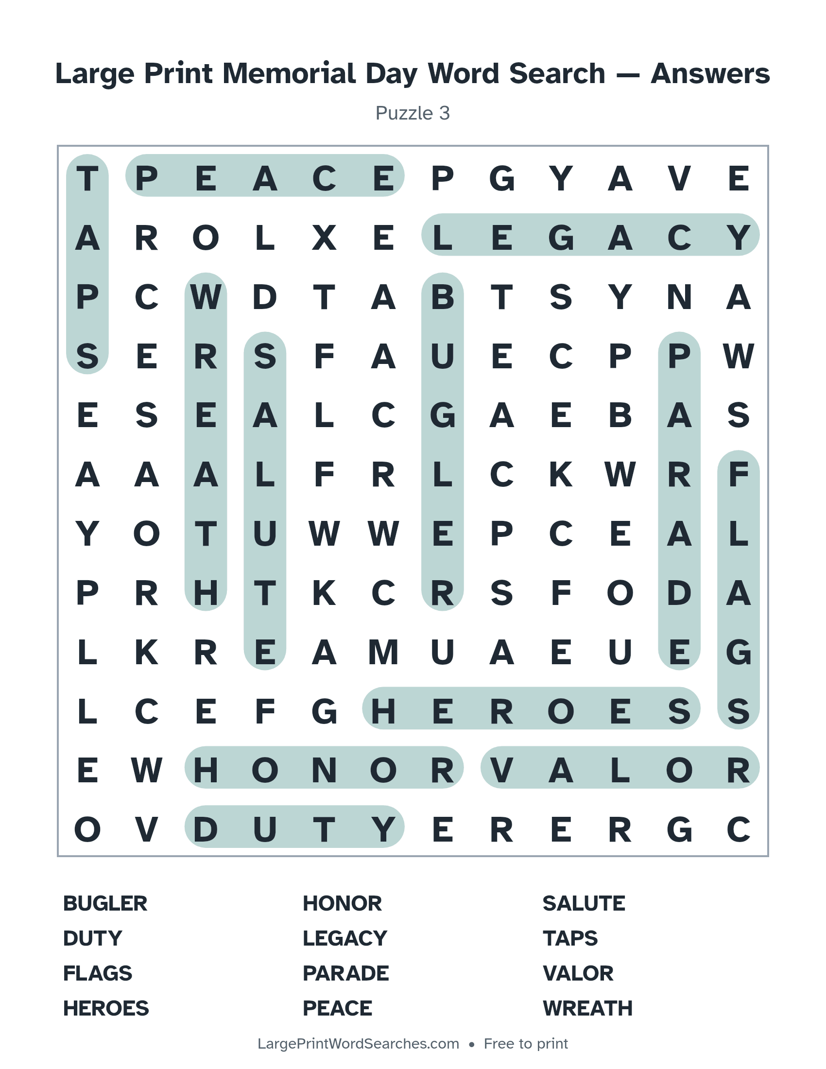 Answer key for large print memorial day word search puzzle 3 with every hidden word highlighted
