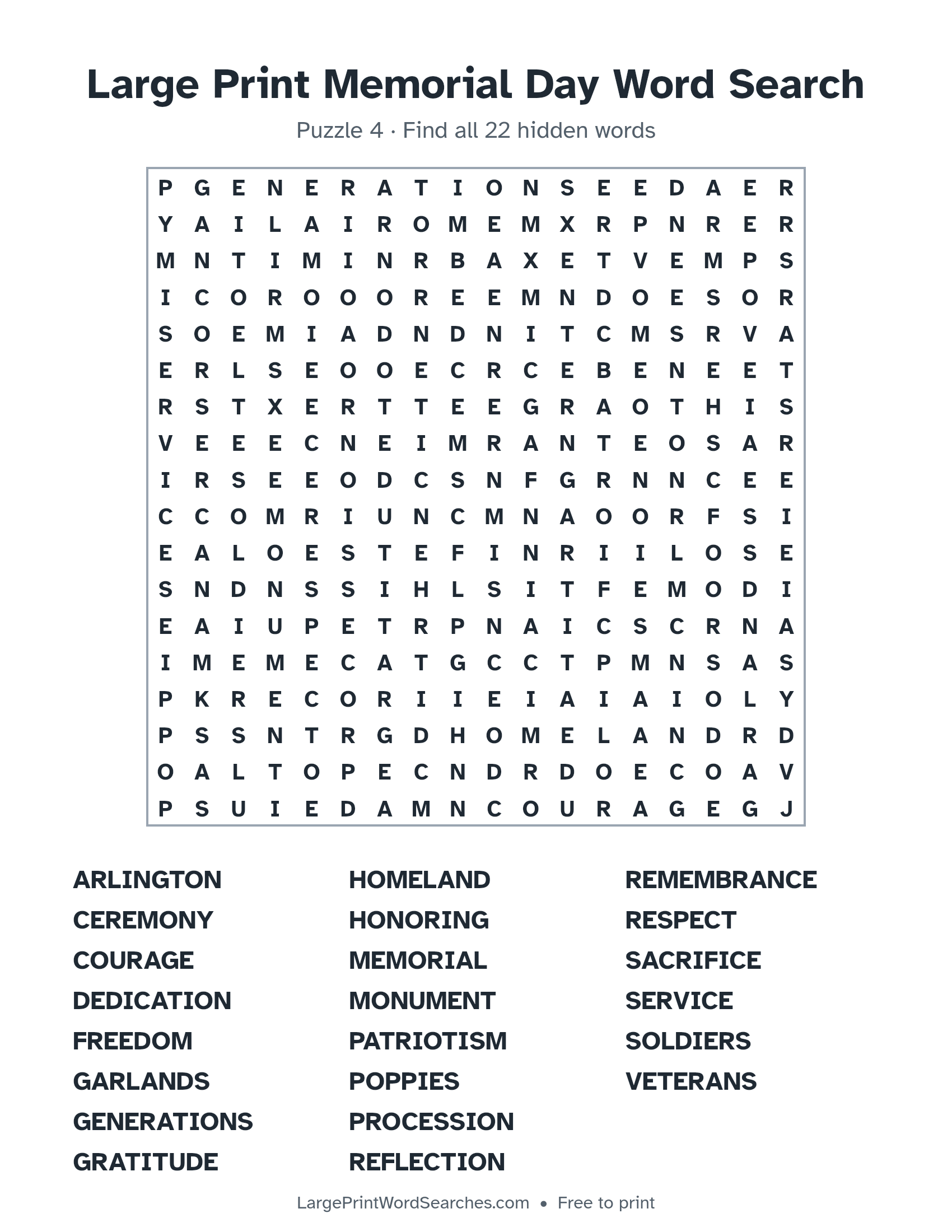 Large Print Memorial Day Word Search puzzle 4: a 18 by 18 letter grid with 22 hidden words in large print