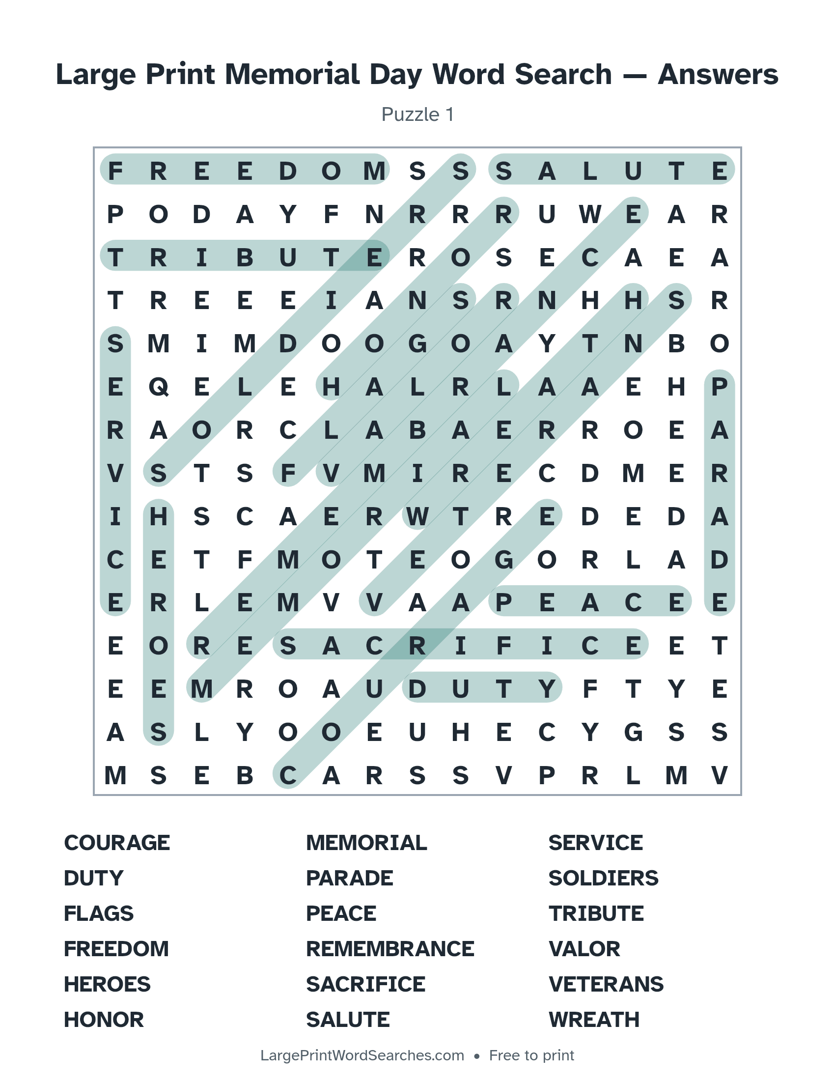 Answer key for large print memorial day word search puzzle 1 with every hidden word highlighted