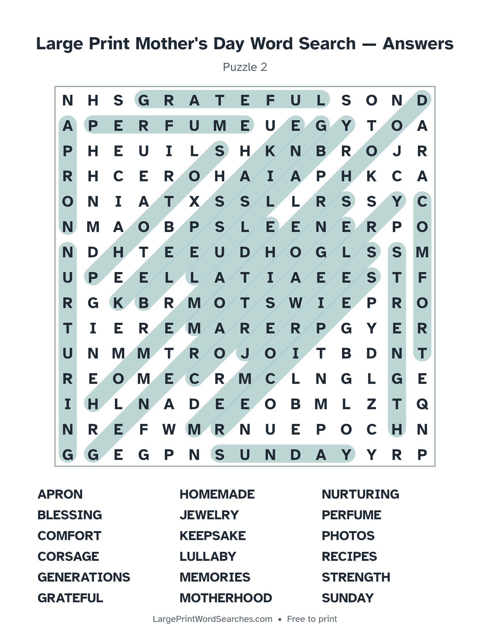 Answer key for large print mother's day word search puzzle 2 with every hidden word highlighted
