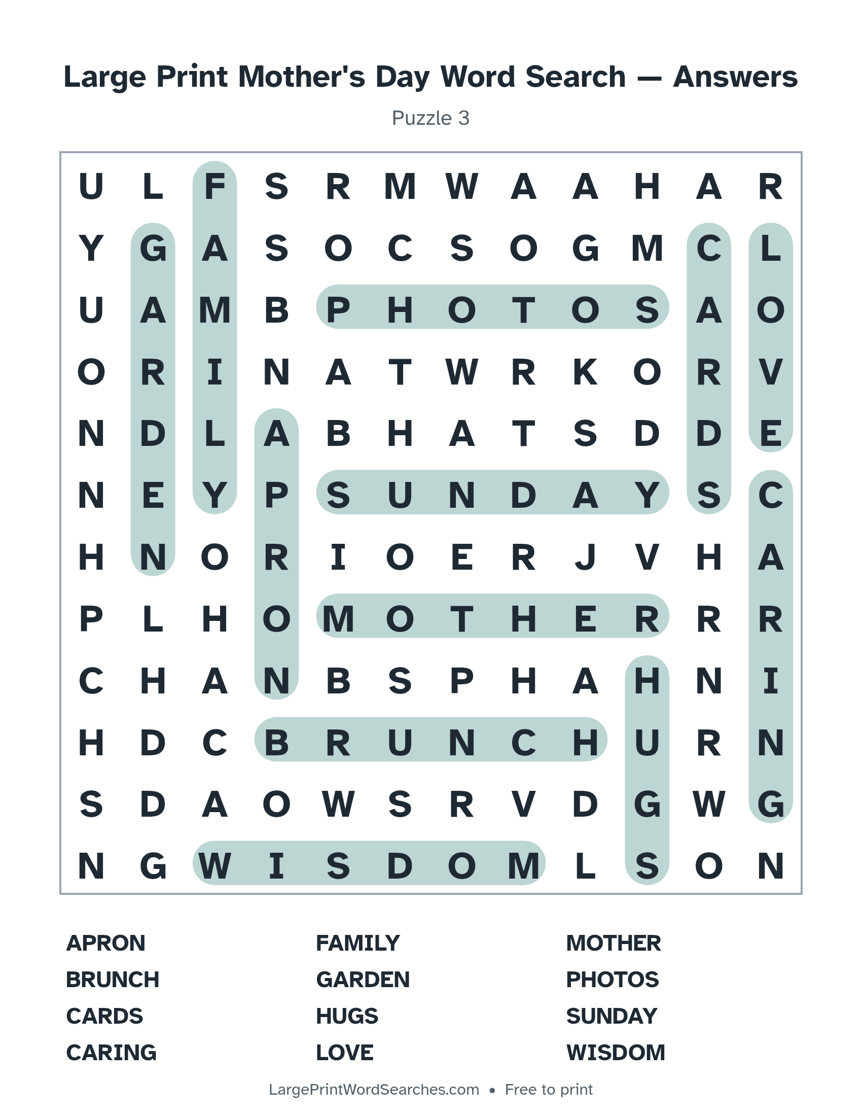 Answer key for large print mother's day word search puzzle 3 with every hidden word highlighted