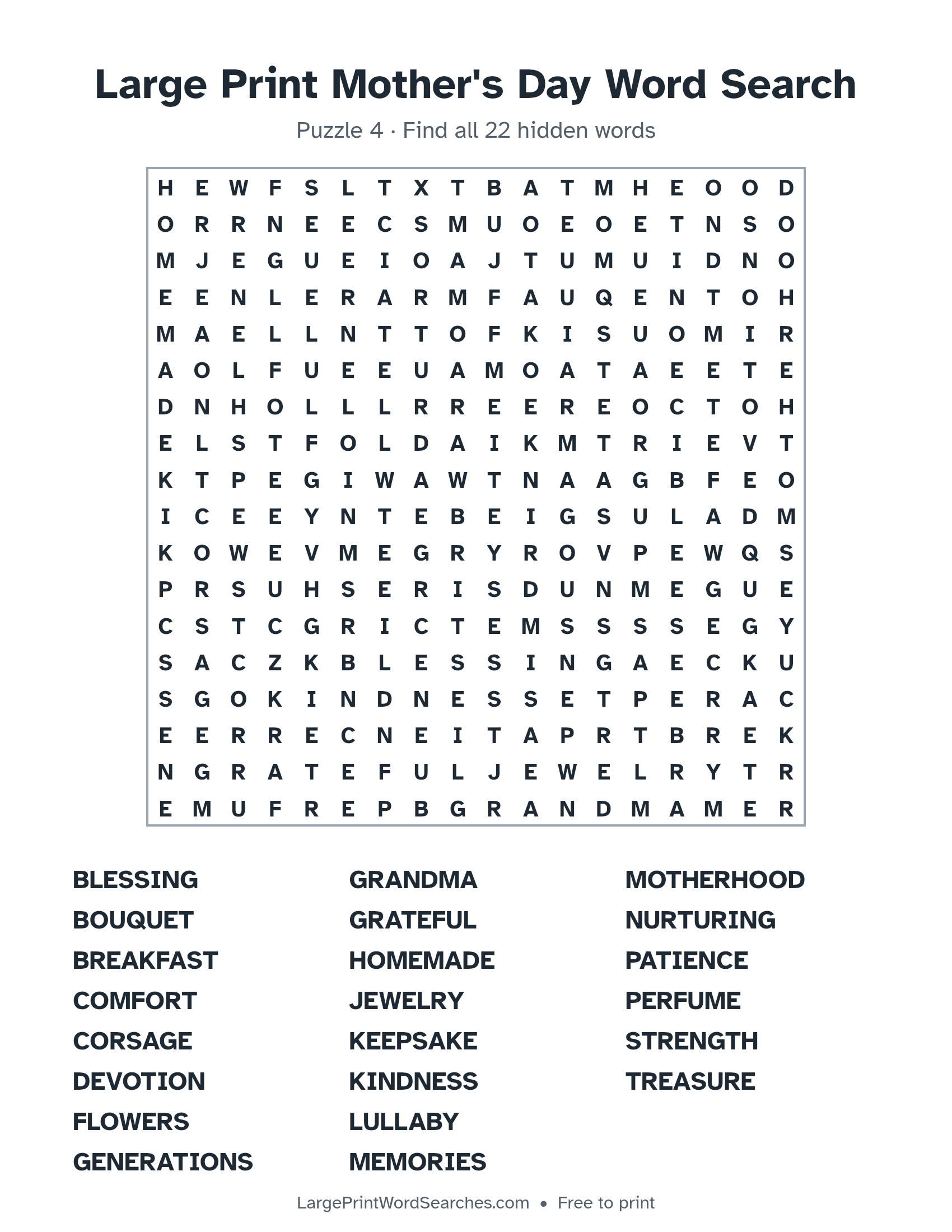Large Print Mother's Day Word Search puzzle 4: a 18 by 18 letter grid with 22 hidden words in large print