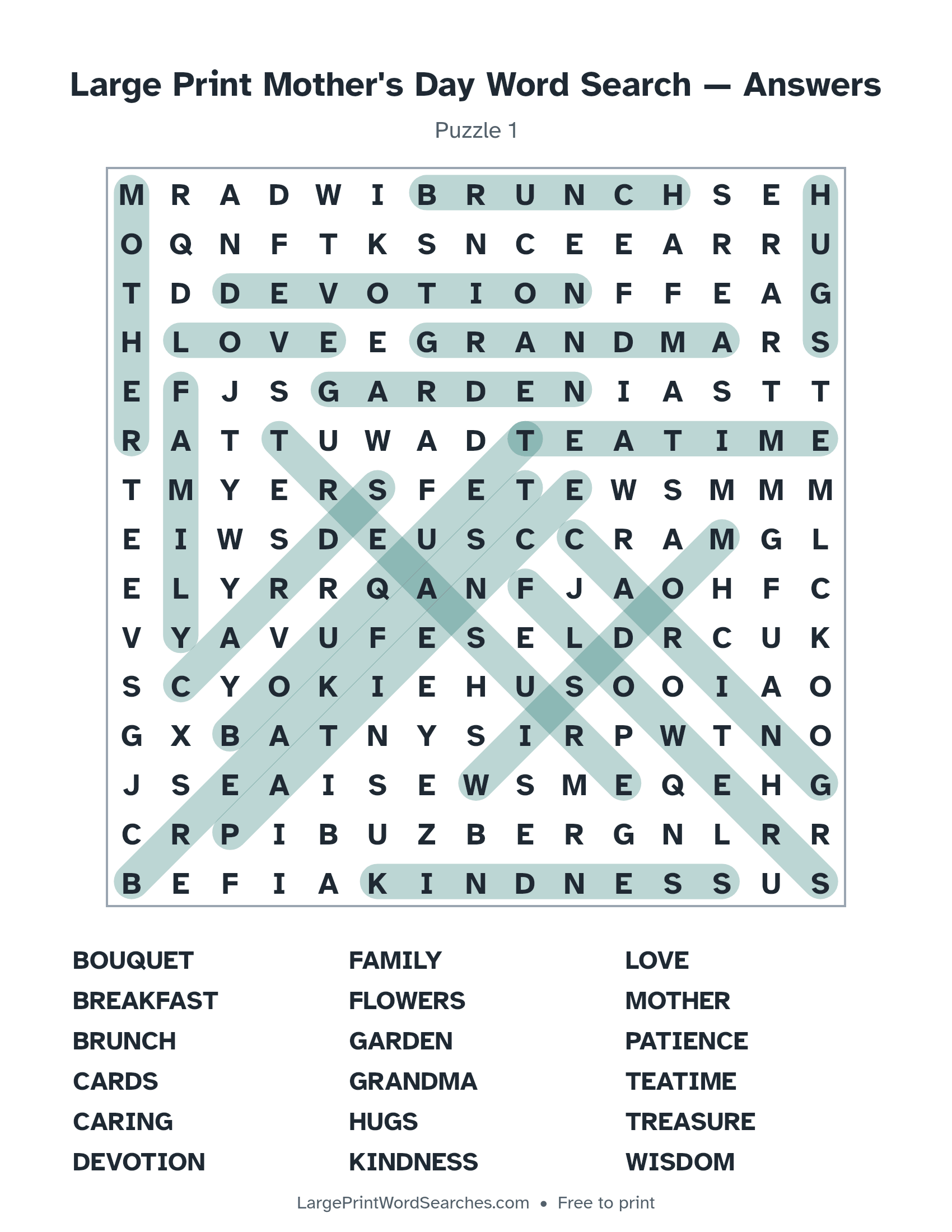 Answer key for large print mother's day word search puzzle 1 with every hidden word highlighted