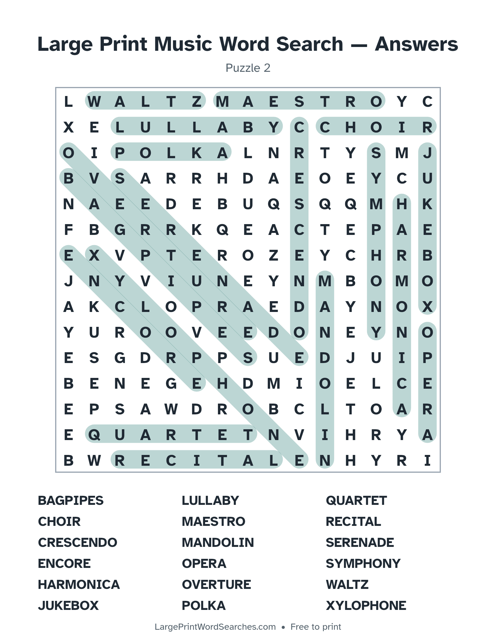 Answer key for large print music word search puzzle 2 with every hidden word highlighted