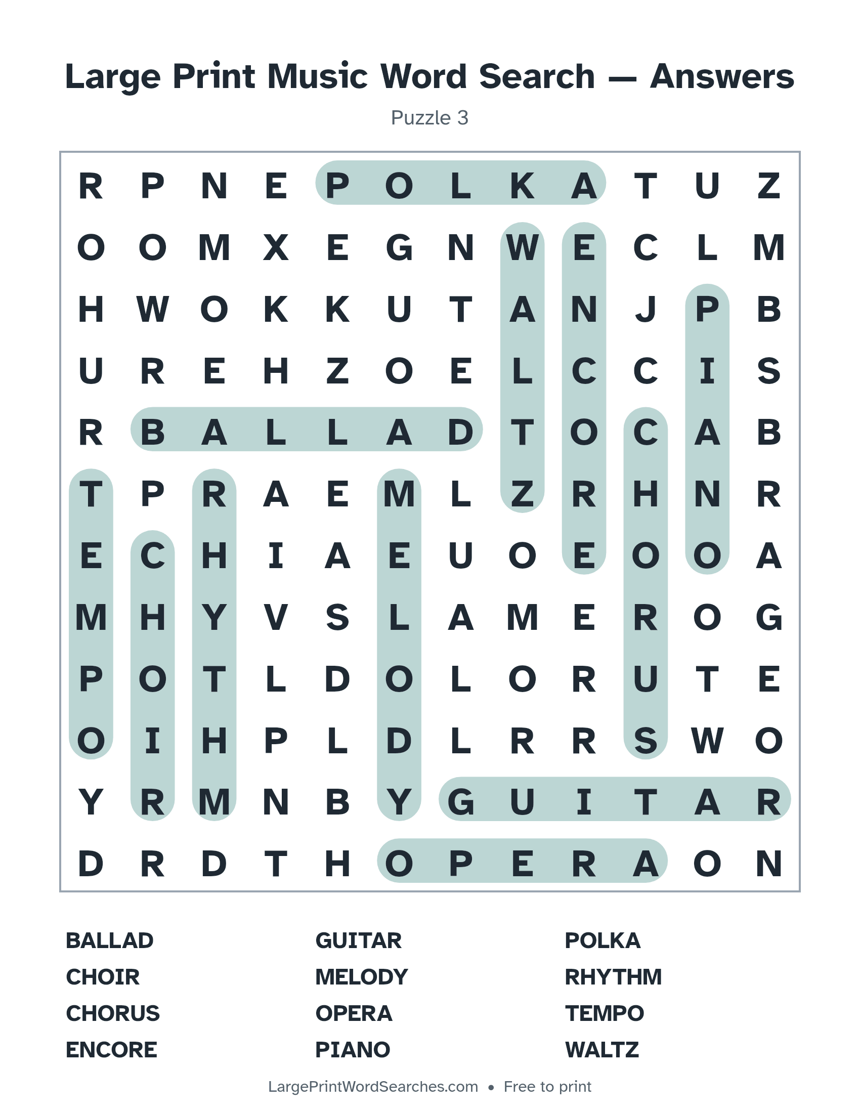 Answer key for large print music word search puzzle 3 with every hidden word highlighted