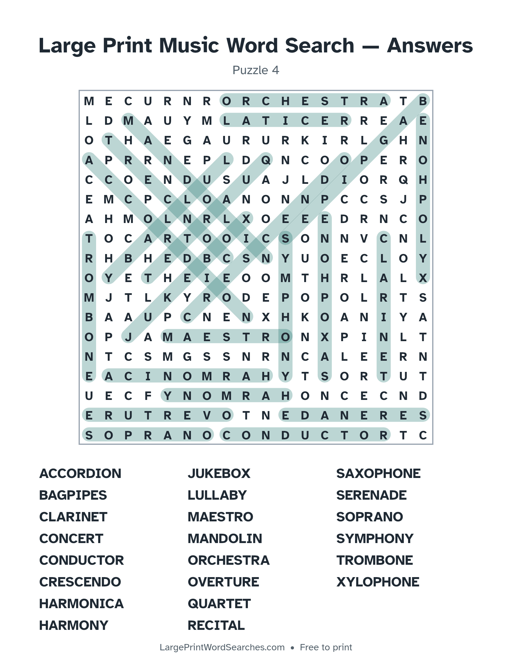Answer key for large print music word search puzzle 4 with every hidden word highlighted