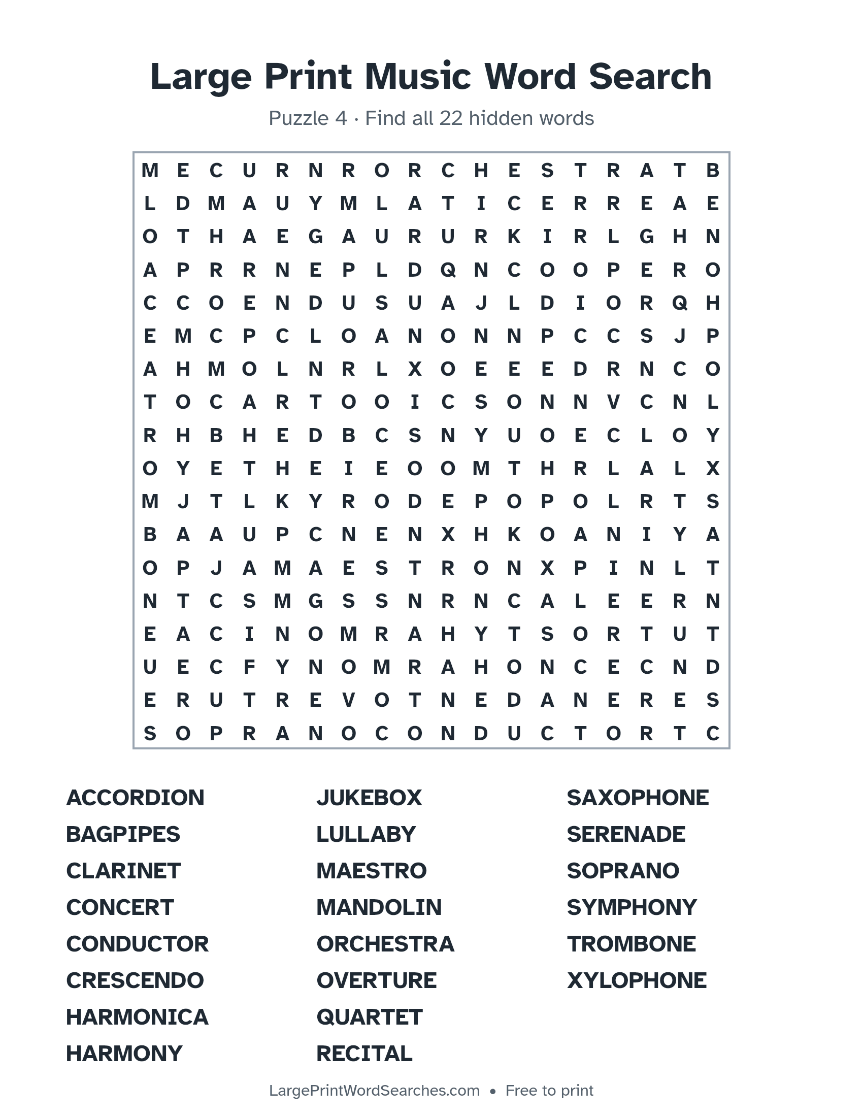 Large Print Music Word Search puzzle 4: a 18 by 18 letter grid with 22 hidden words in large print