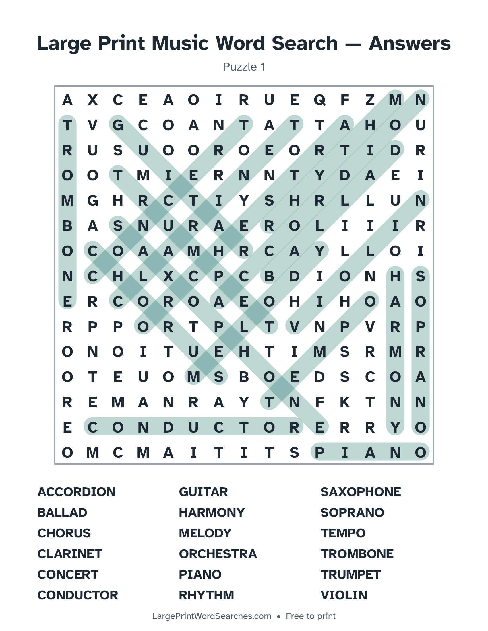 Answer key for large print music word search puzzle 1 with every hidden word highlighted
