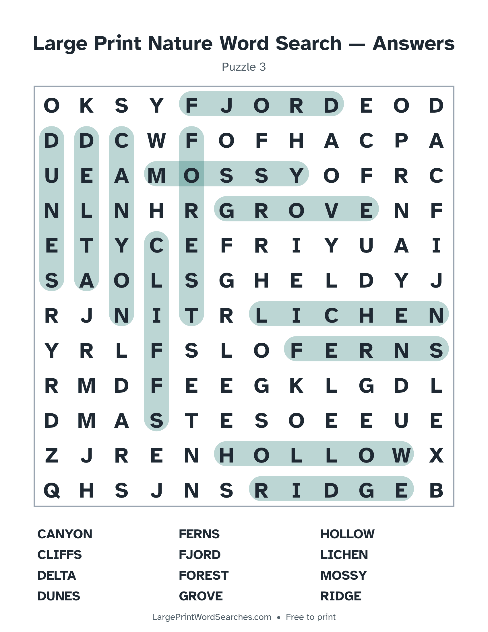 Answer key for large print nature word search puzzle 3 with every hidden word highlighted