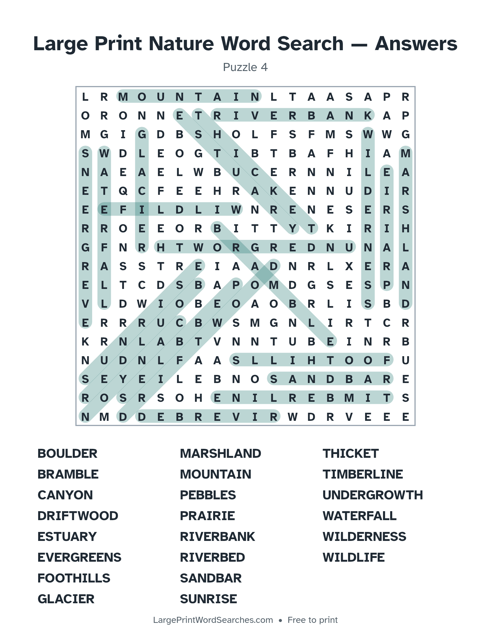 Answer key for large print nature word search puzzle 4 with every hidden word highlighted