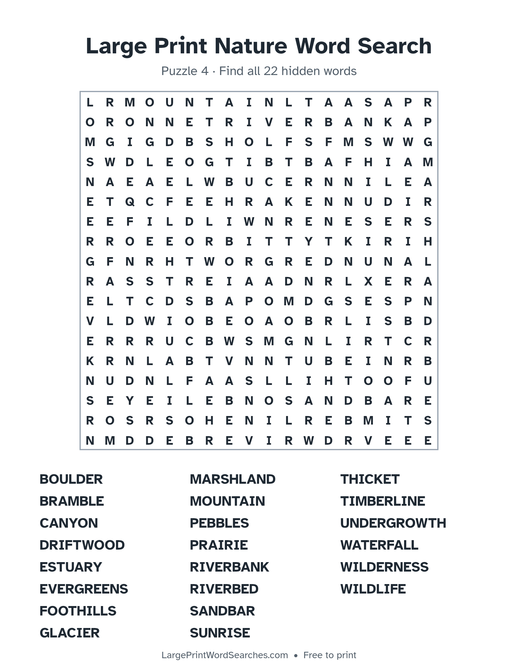 Large Print Nature Word Search puzzle 4: a 18 by 18 letter grid with 22 hidden words in large print