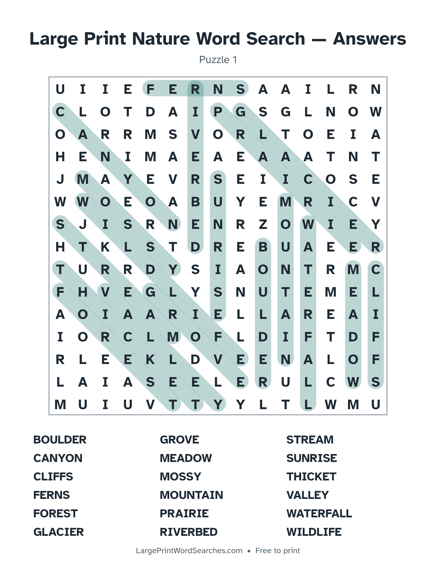 Answer key for large print nature word search puzzle 1 with every hidden word highlighted