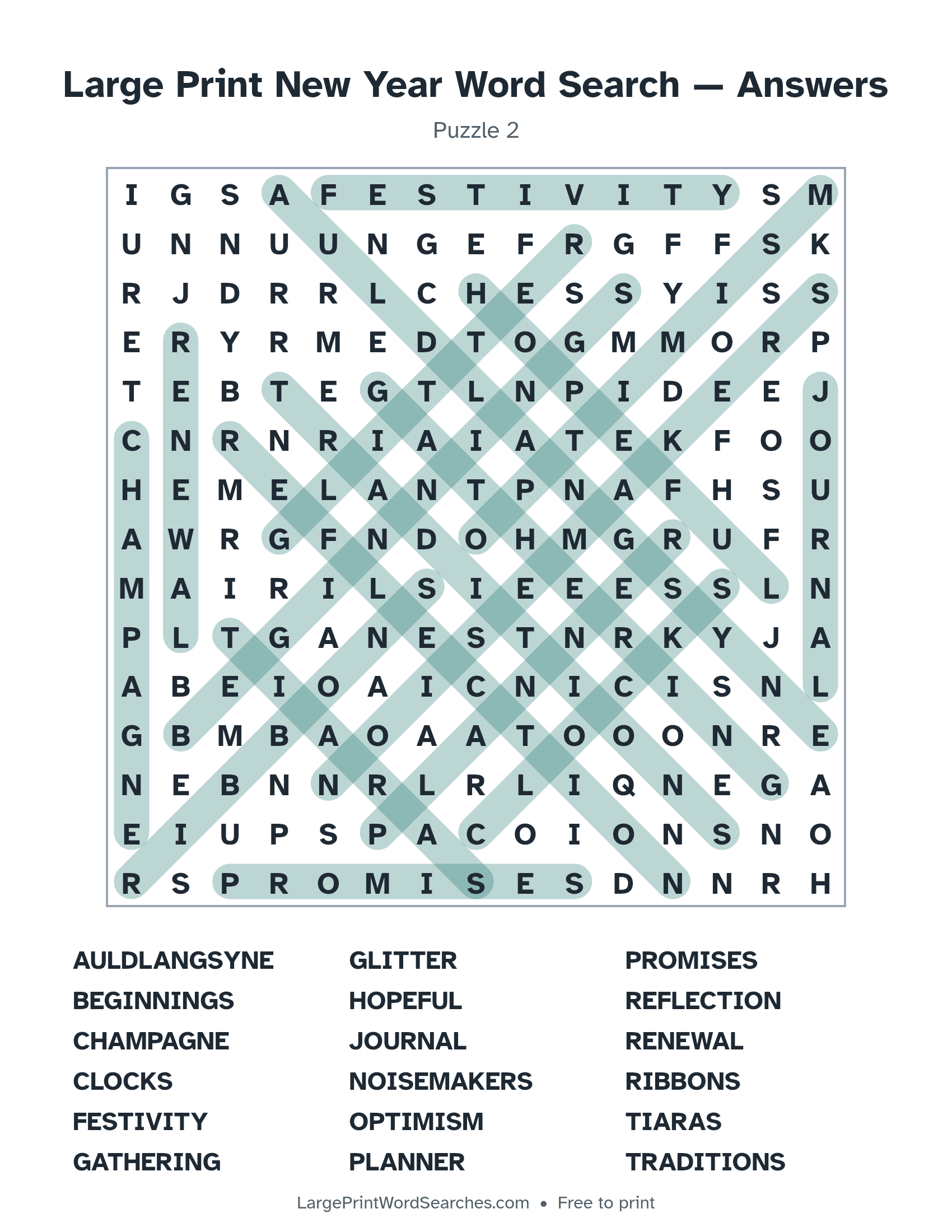 Answer key for large print new year word search puzzle 2 with every hidden word highlighted