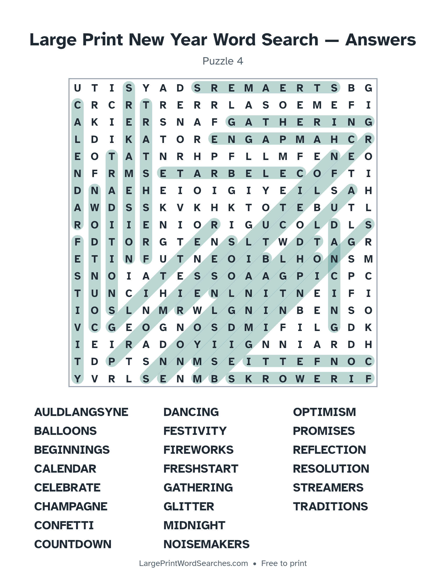 Answer key for large print new year word search puzzle 4 with every hidden word highlighted