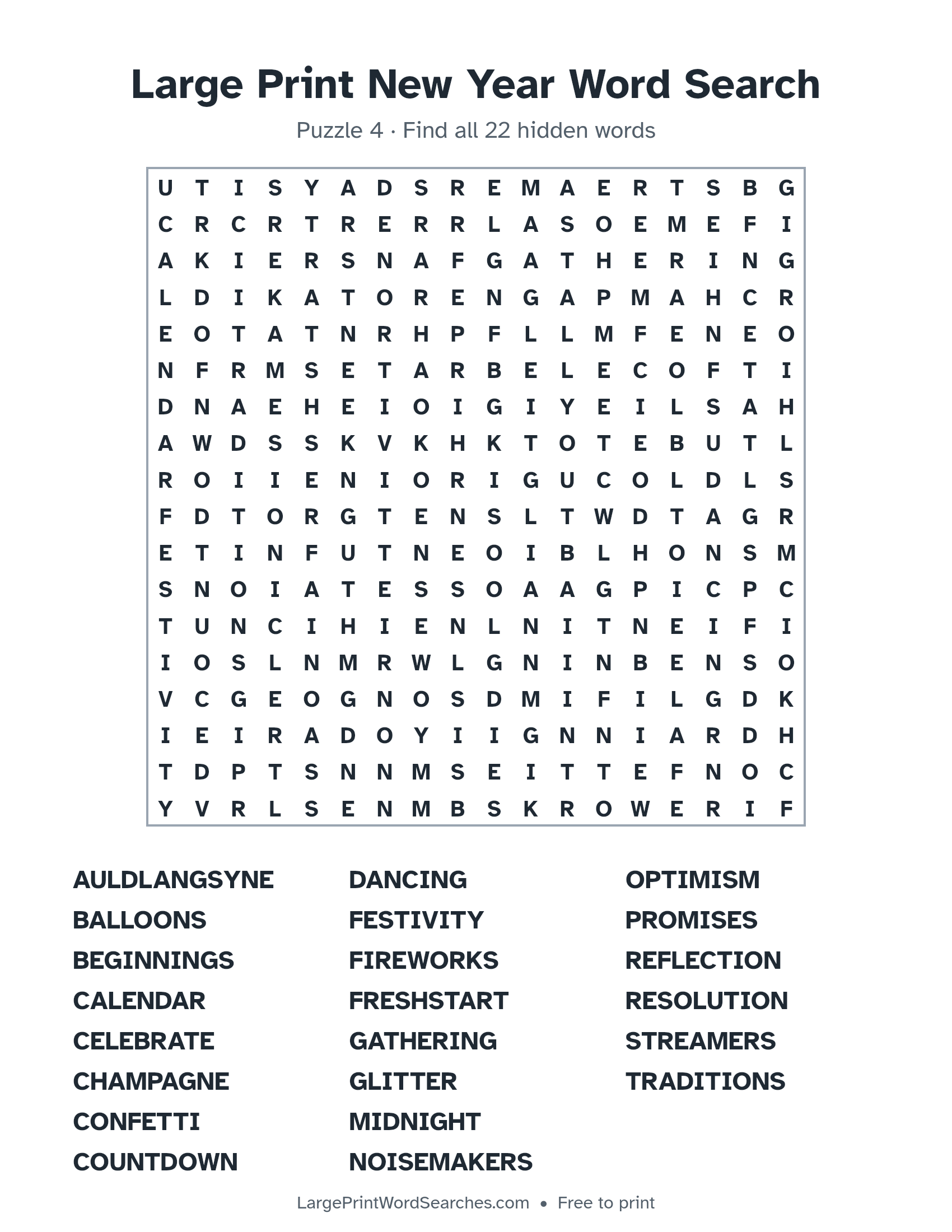 Large Print New Year Word Search puzzle 4: a 18 by 18 letter grid with 22 hidden words in large print