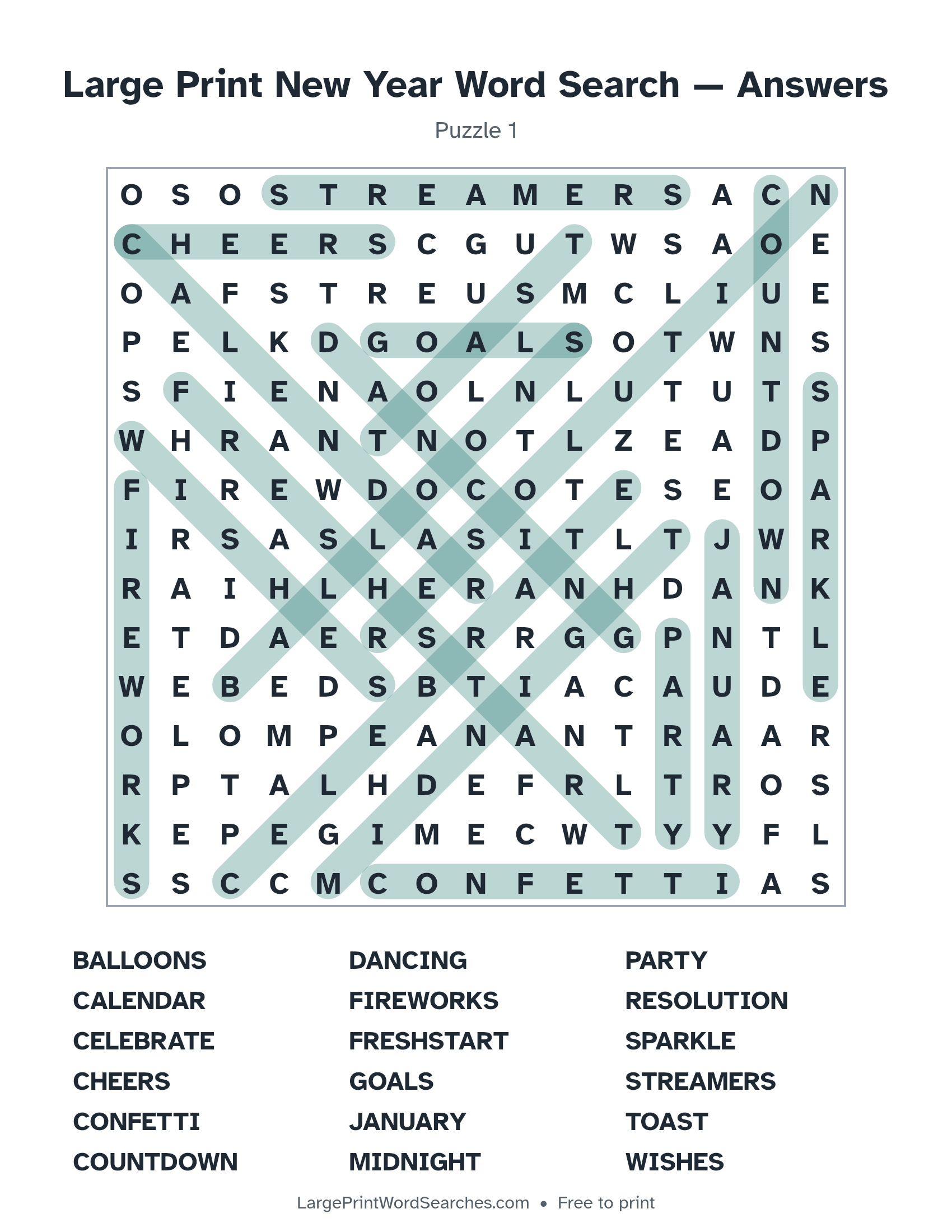 Answer key for large print new year word search puzzle 1 with every hidden word highlighted