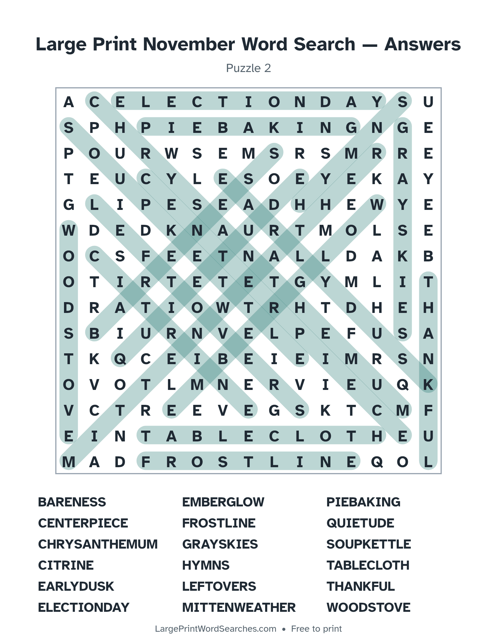 Answer key for large print november word search puzzle 2 with every hidden word highlighted