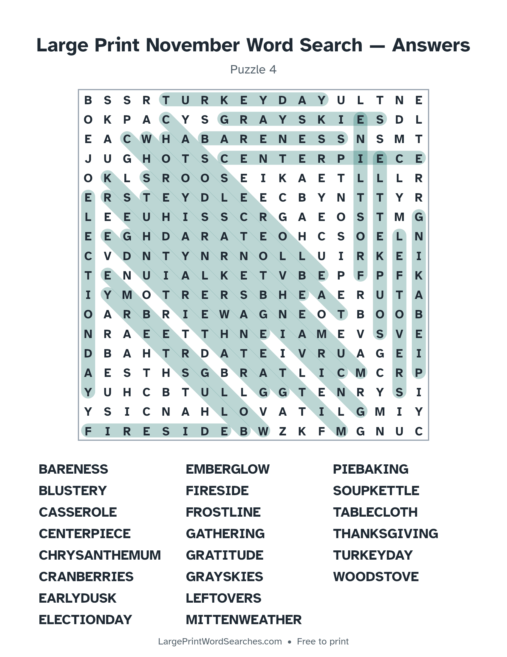 Answer key for large print november word search puzzle 4 with every hidden word highlighted