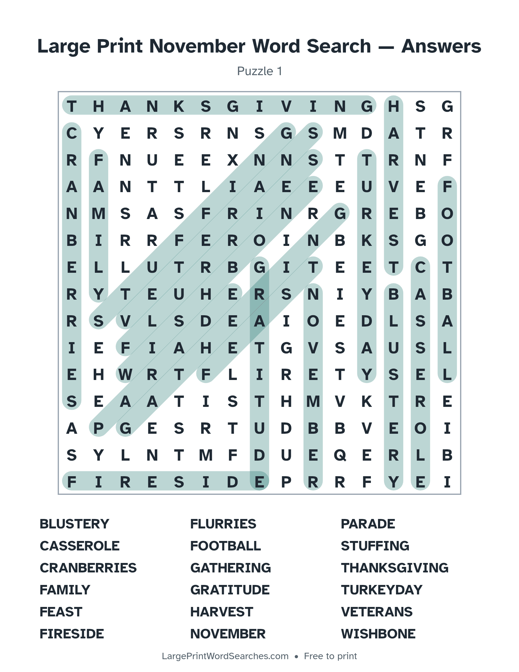 Answer key for large print november word search puzzle 1 with every hidden word highlighted