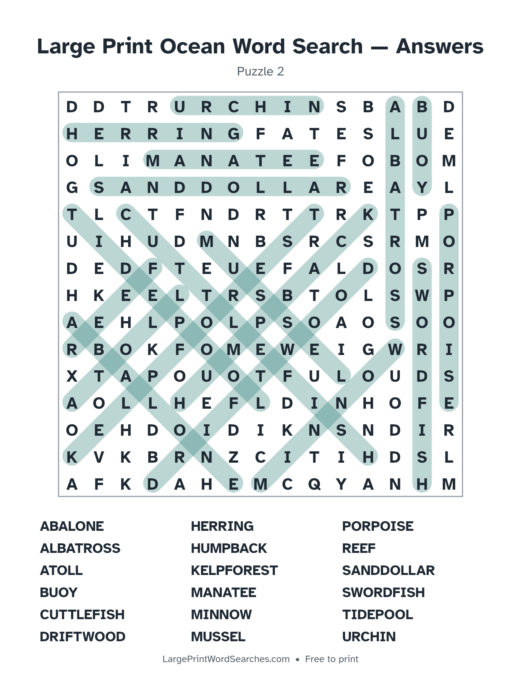 Answer key for large print ocean word search puzzle 2 with every hidden word highlighted