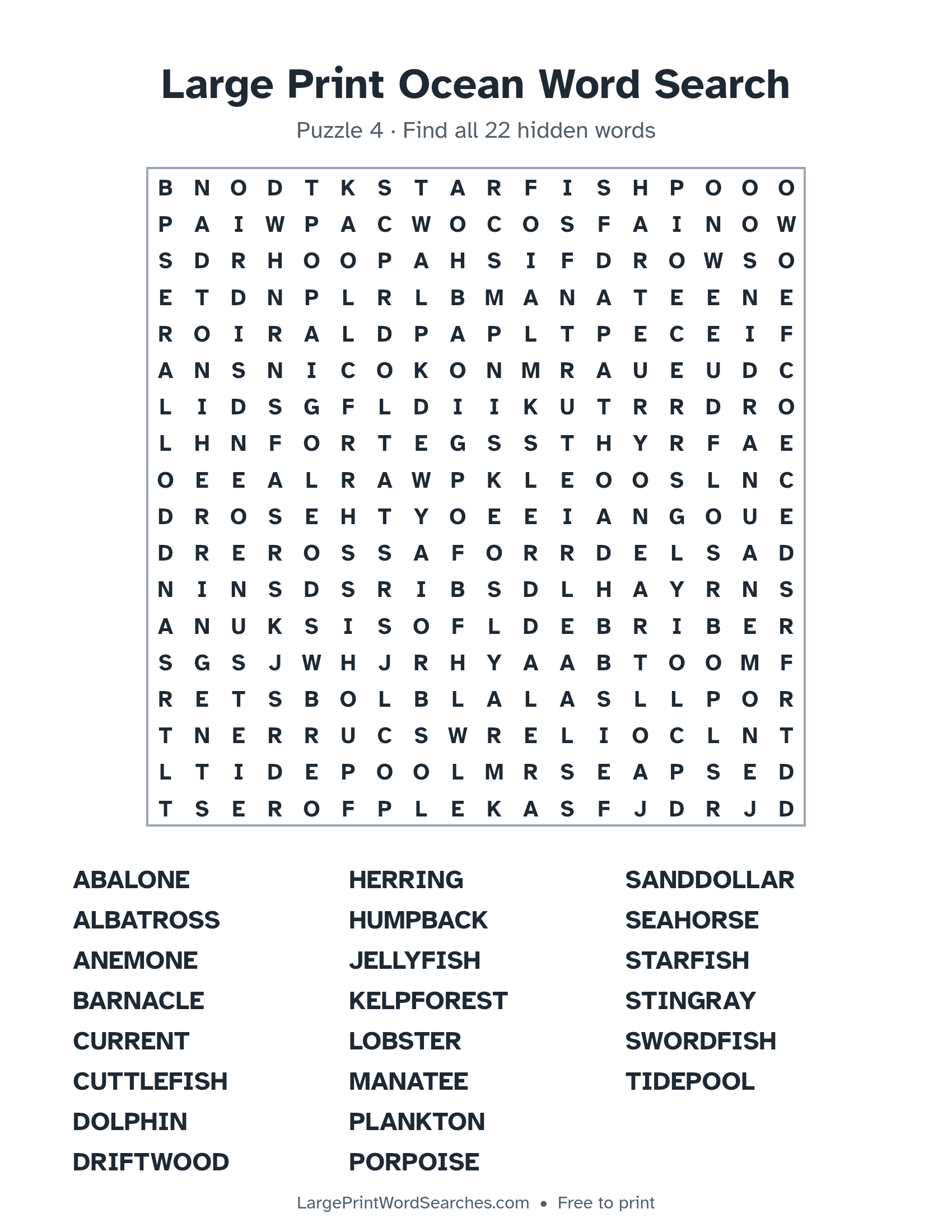 Large Print Ocean Word Search puzzle 4: a 18 by 18 letter grid with 22 hidden words in large print
