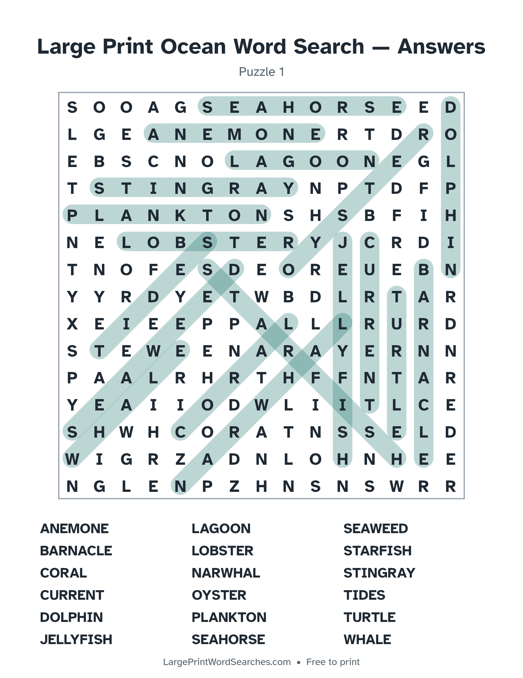 Answer key for large print ocean word search puzzle 1 with every hidden word highlighted