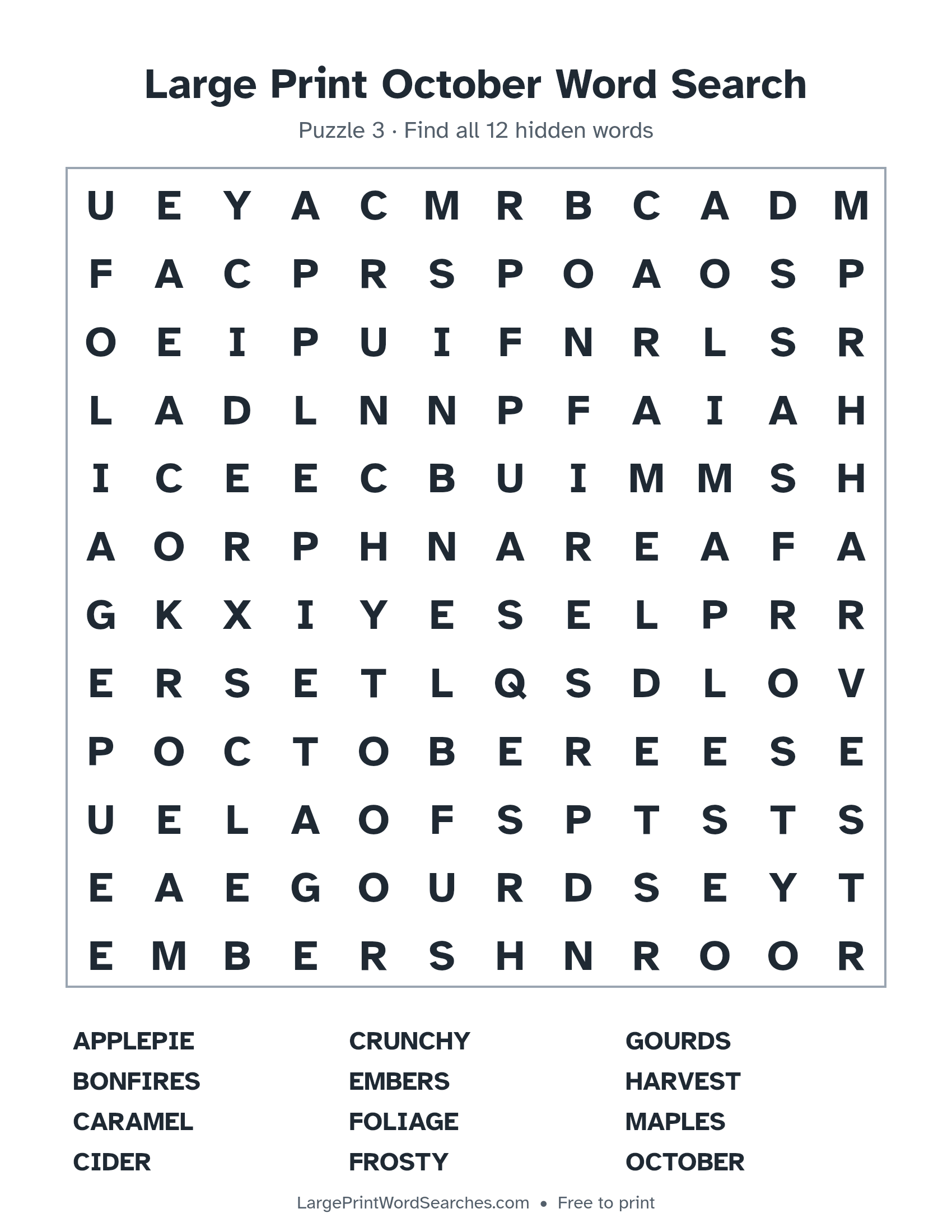 Large Print October Word Search puzzle 3: a 12 by 12 letter grid with 12 hidden words in large print