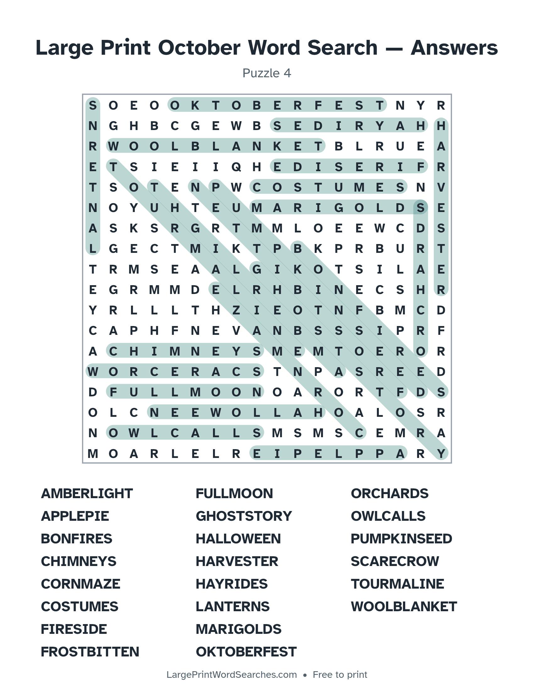 Answer key for large print october word search puzzle 4 with every hidden word highlighted