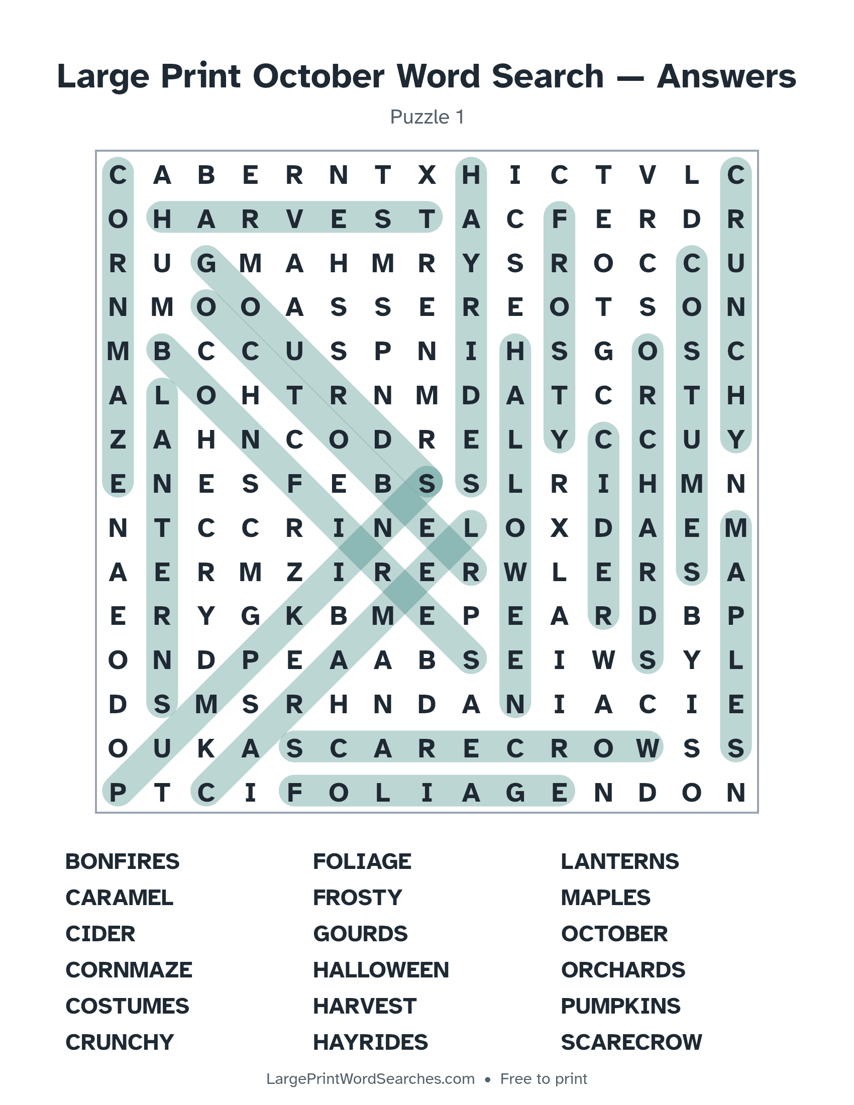 Answer key for large print october word search puzzle 1 with every hidden word highlighted