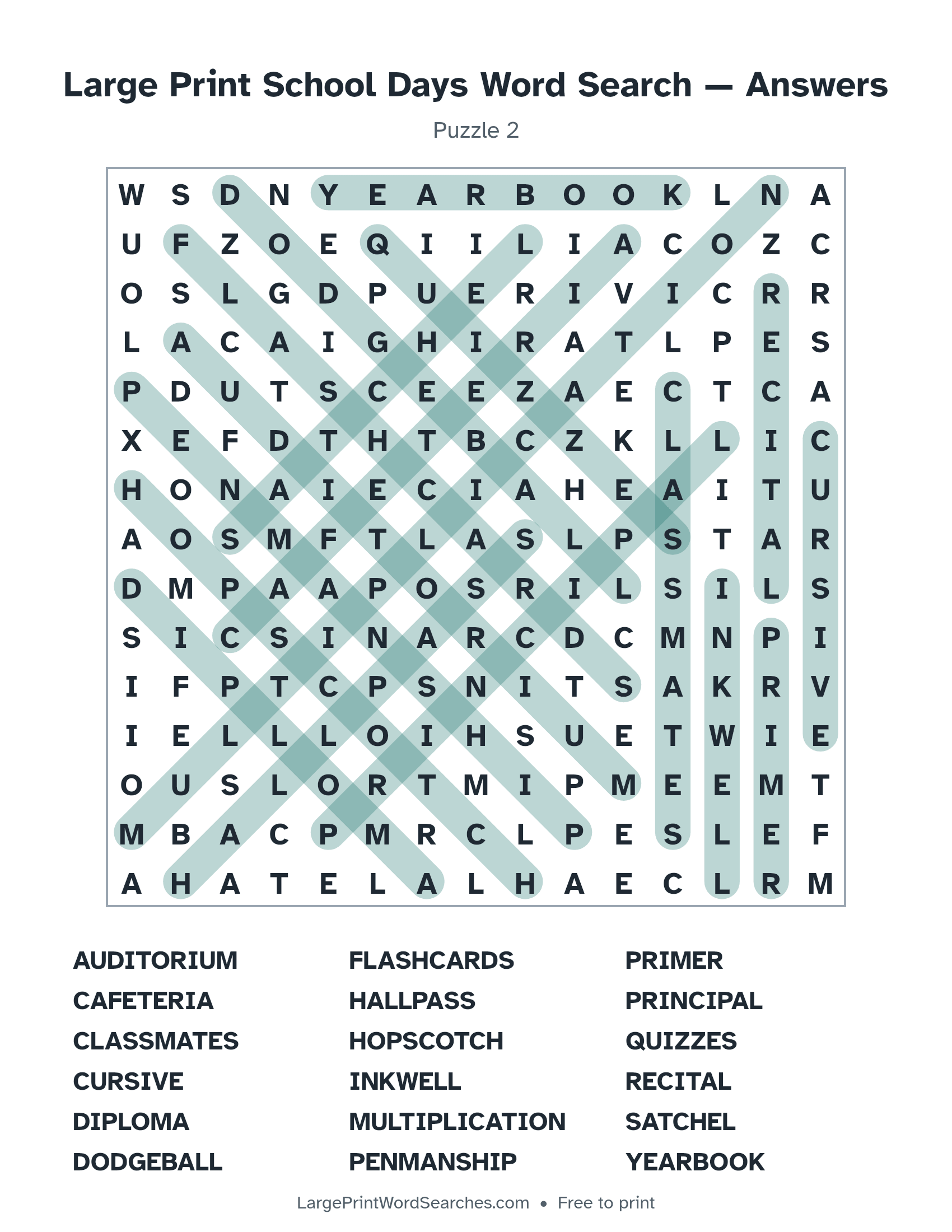 Answer key for large print school days word search puzzle 2 with every hidden word highlighted