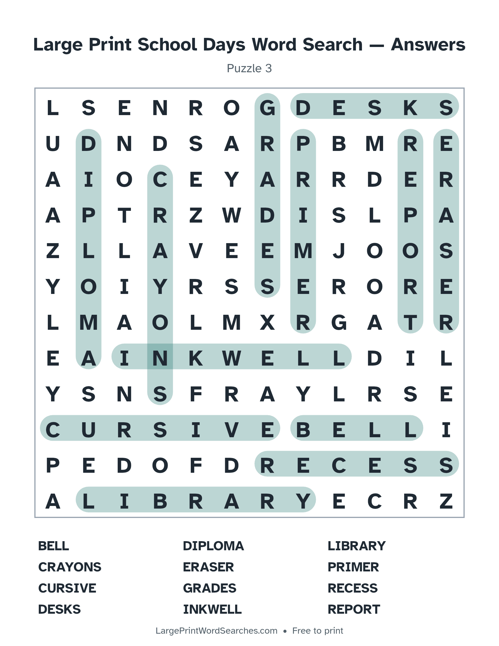 Answer key for large print school days word search puzzle 3 with every hidden word highlighted