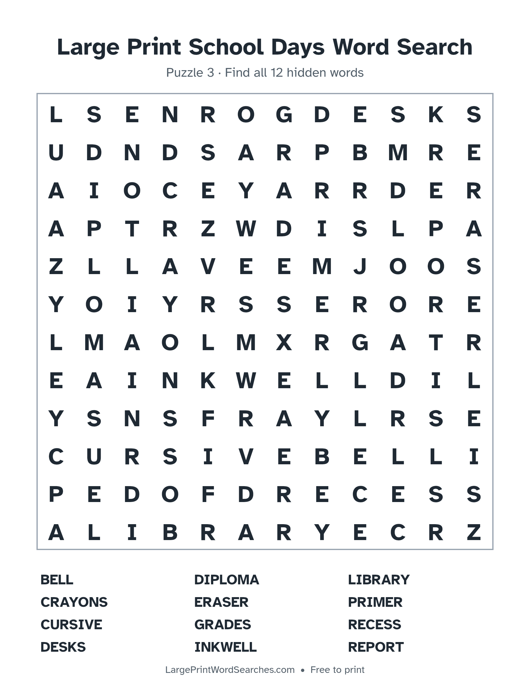 Large Print School Days Word Search puzzle 3: a 12 by 12 letter grid with 12 hidden words in large print