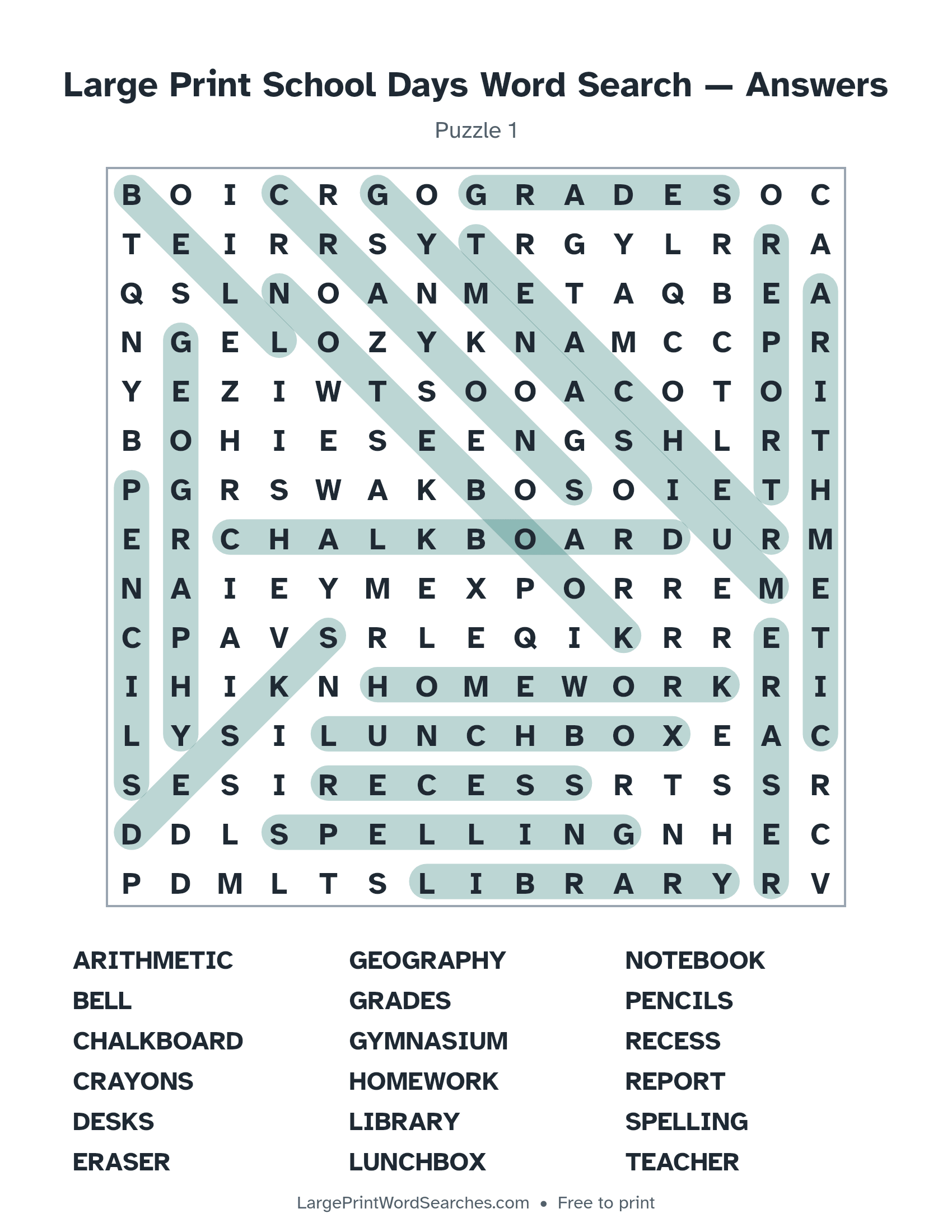 Answer key for large print school days word search puzzle 1 with every hidden word highlighted