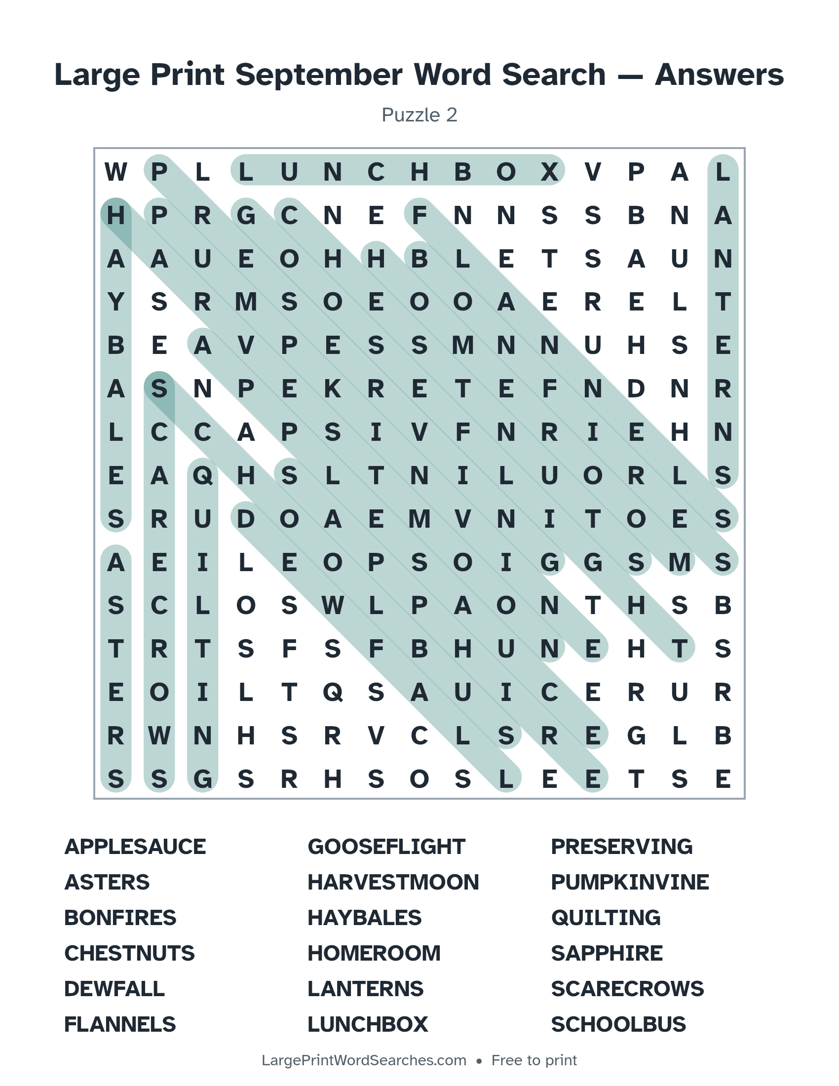 Answer key for large print september word search puzzle 2 with every hidden word highlighted