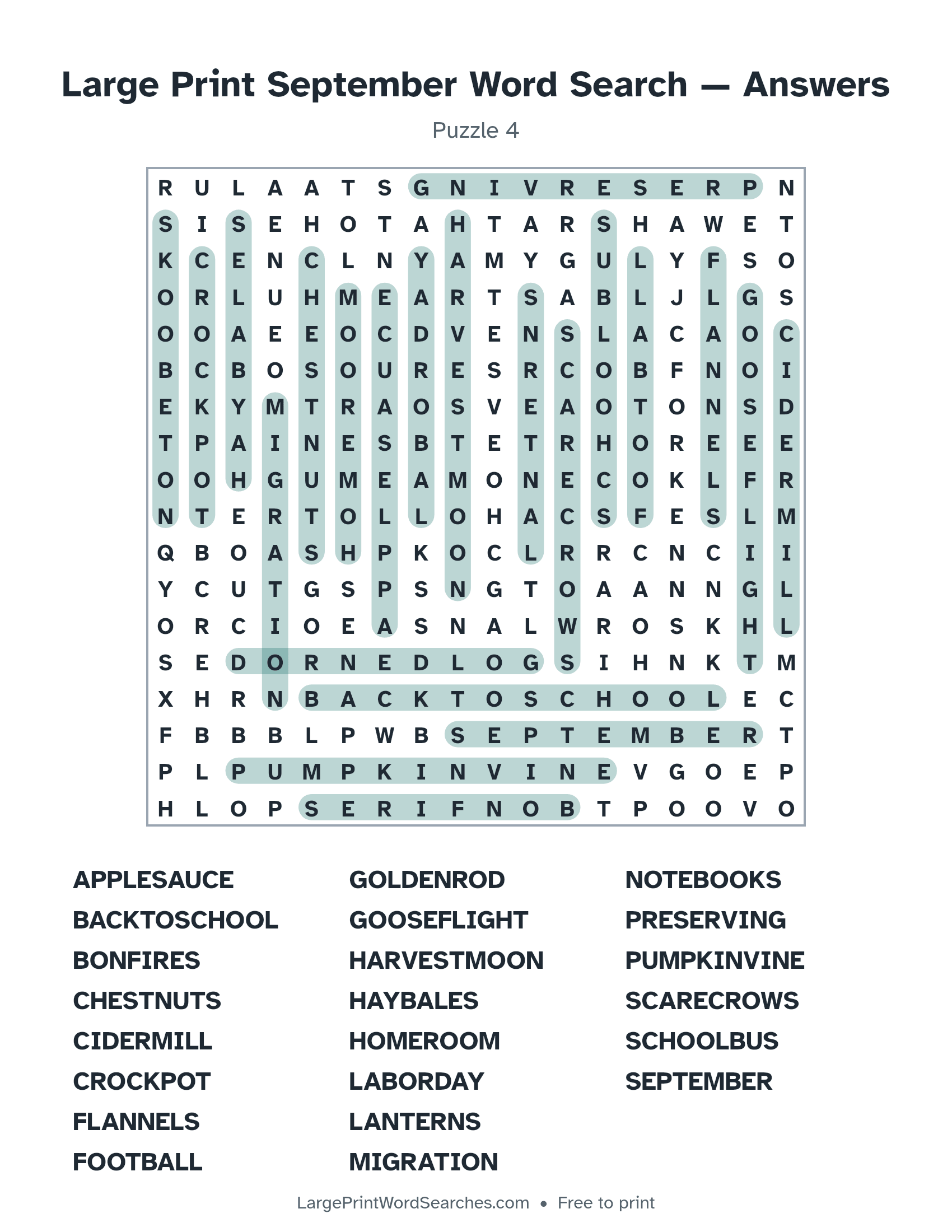Answer key for large print september word search puzzle 4 with every hidden word highlighted