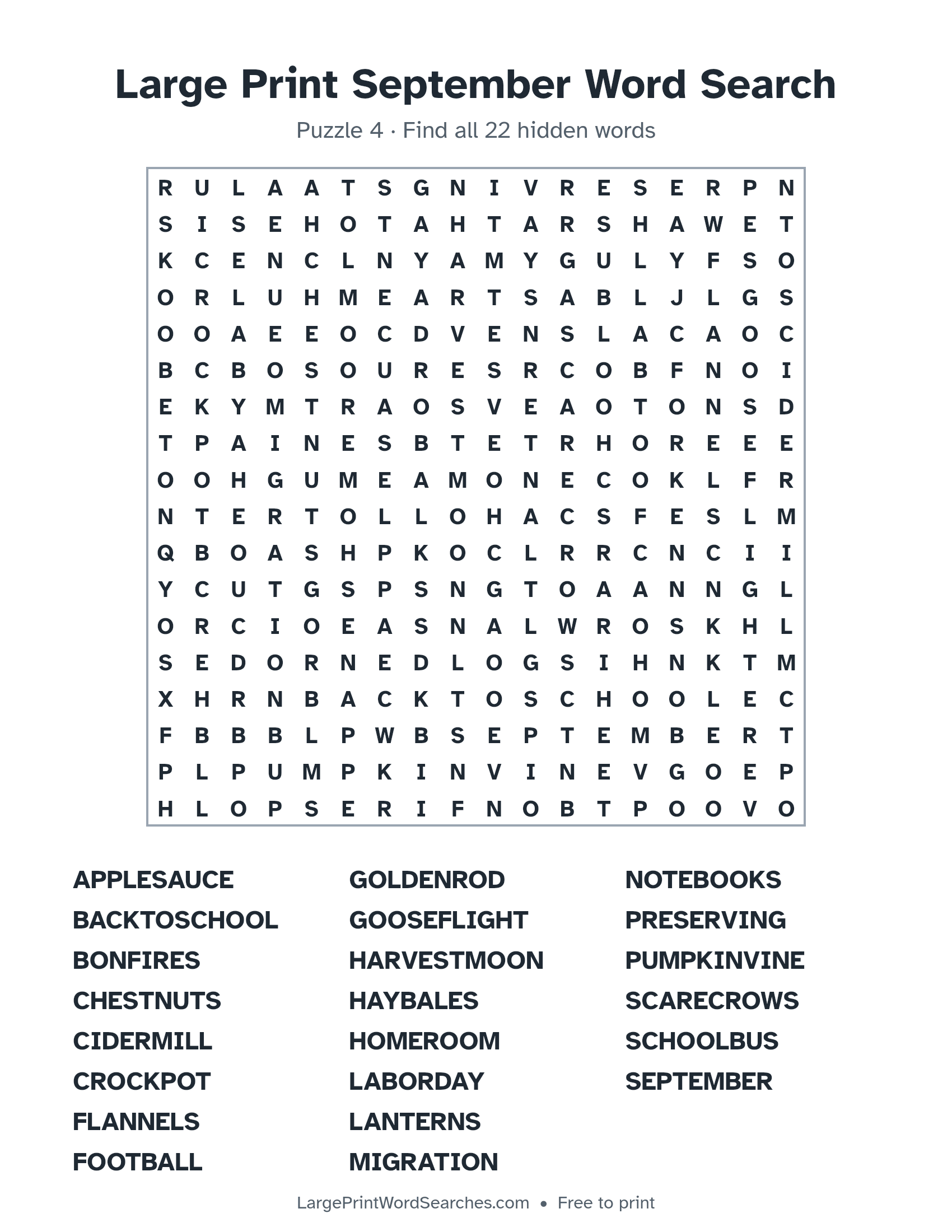 Large Print September Word Search puzzle 4: a 18 by 18 letter grid with 22 hidden words in large print