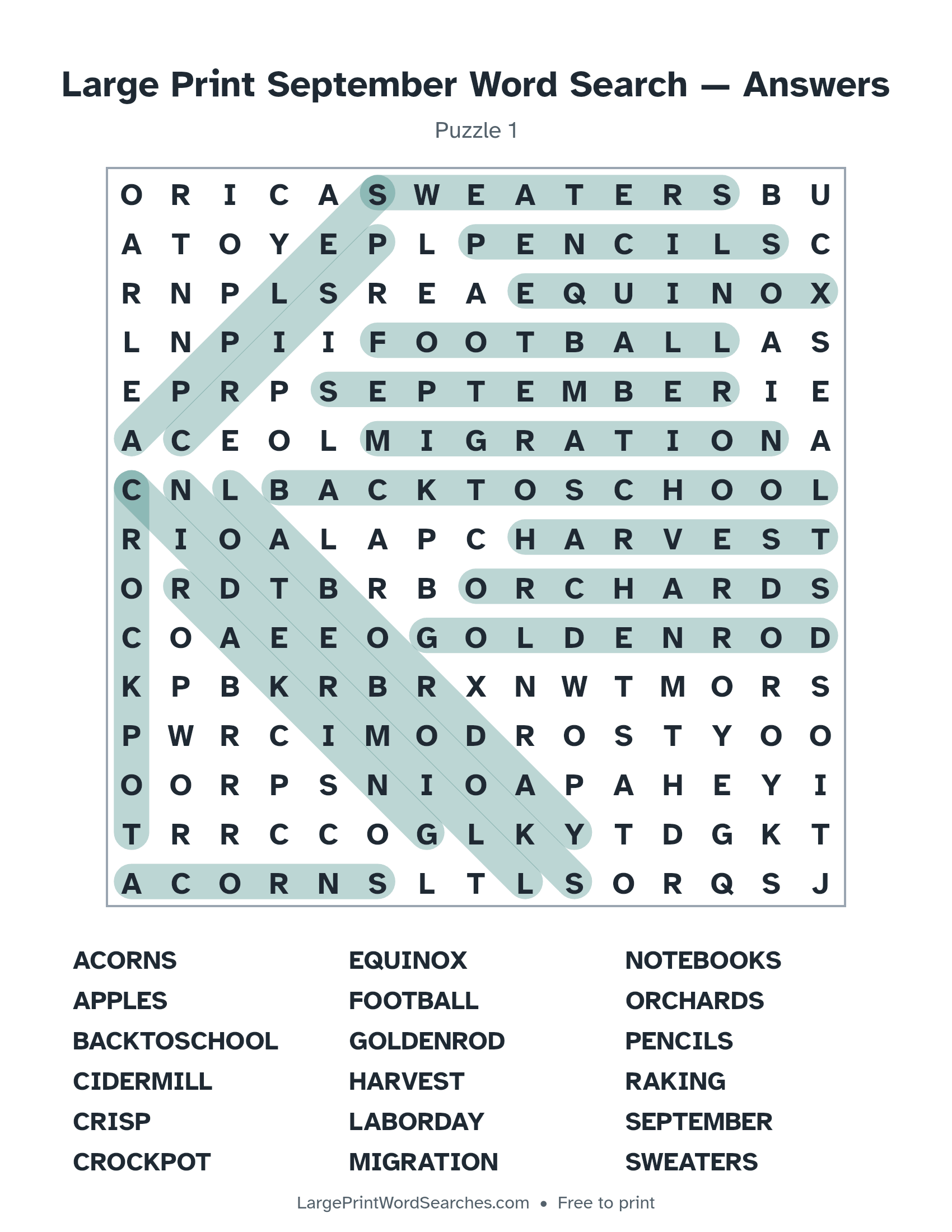 Answer key for large print september word search puzzle 1 with every hidden word highlighted