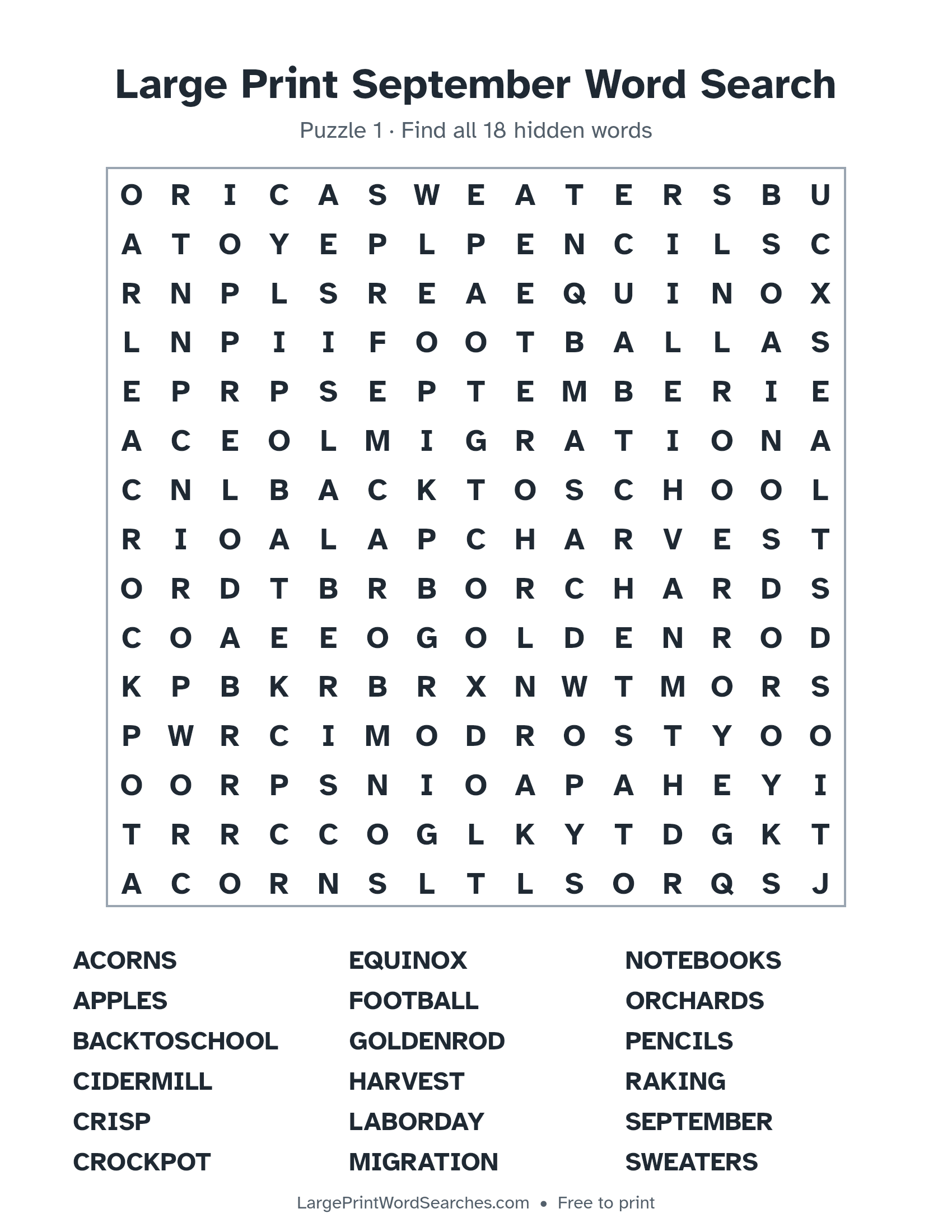 Large Print September Word Search puzzle 1: a 15 by 15 letter grid with 18 hidden words in large print