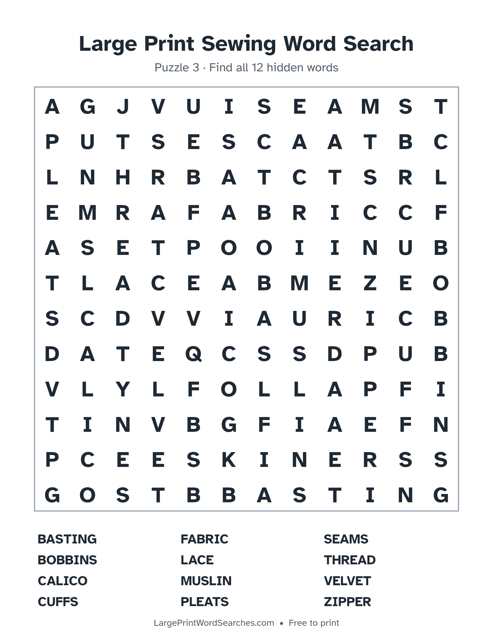 Large Print Sewing Word Search puzzle 3: a 12 by 12 letter grid with 12 hidden words in large print