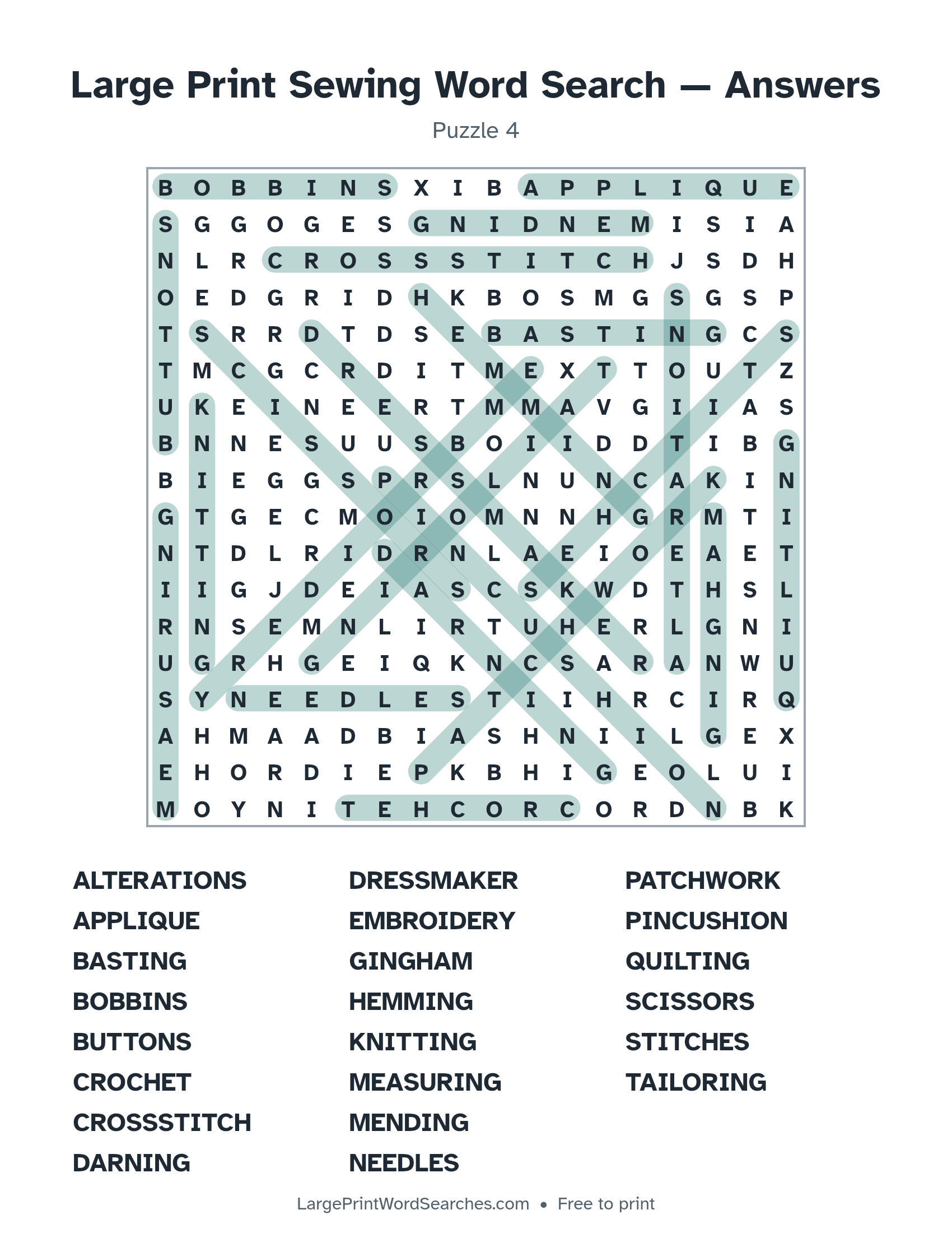 Answer key for large print sewing word search puzzle 4 with every hidden word highlighted