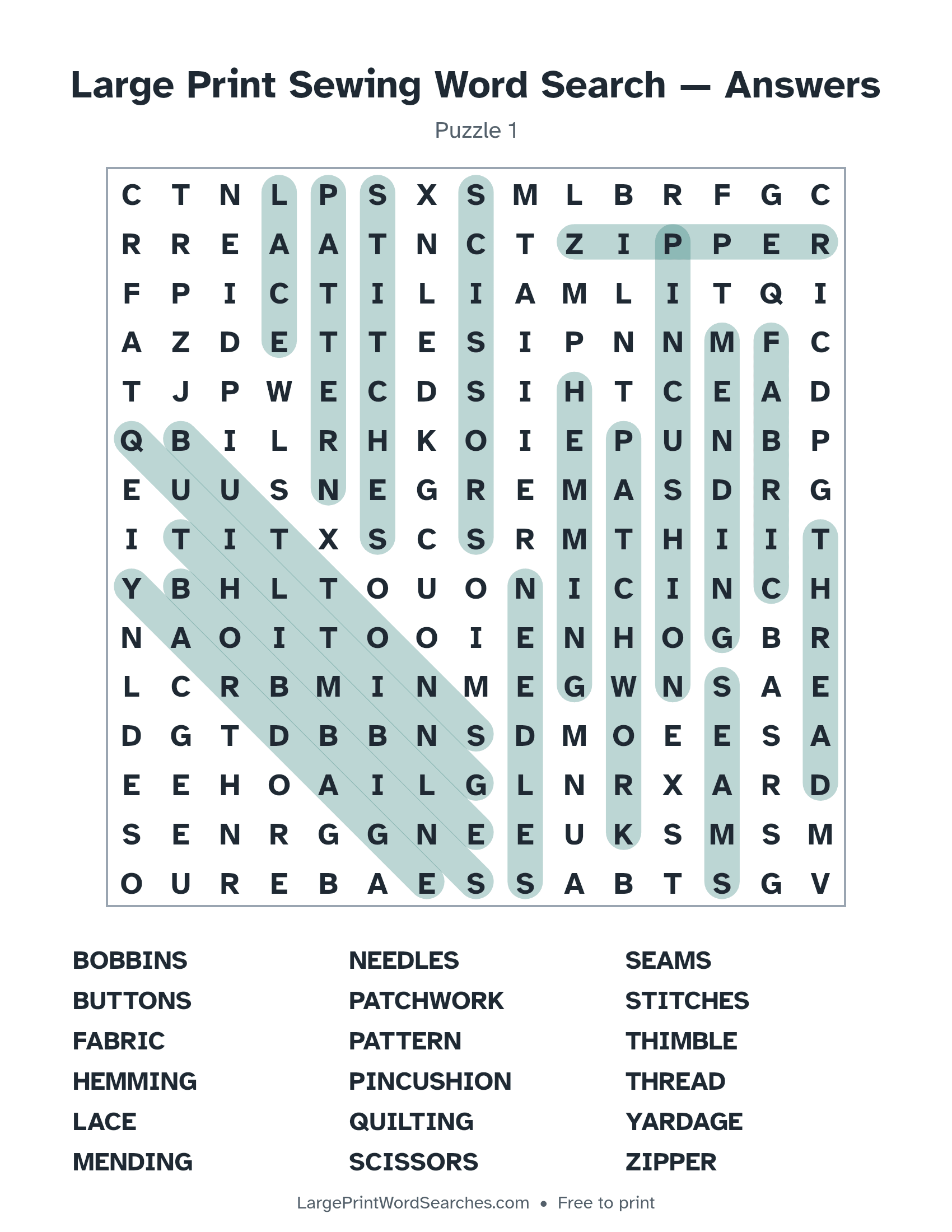 Answer key for large print sewing word search puzzle 1 with every hidden word highlighted