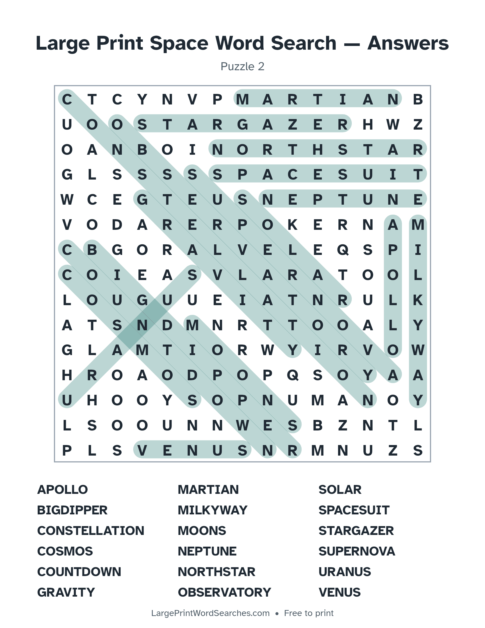 Answer key for large print space word search puzzle 2 with every hidden word highlighted