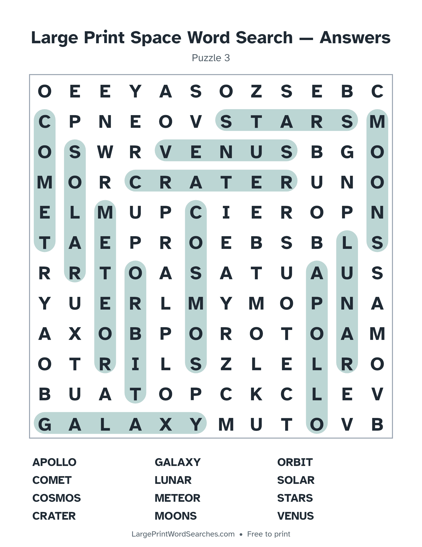 Answer key for large print space word search puzzle 3 with every hidden word highlighted
