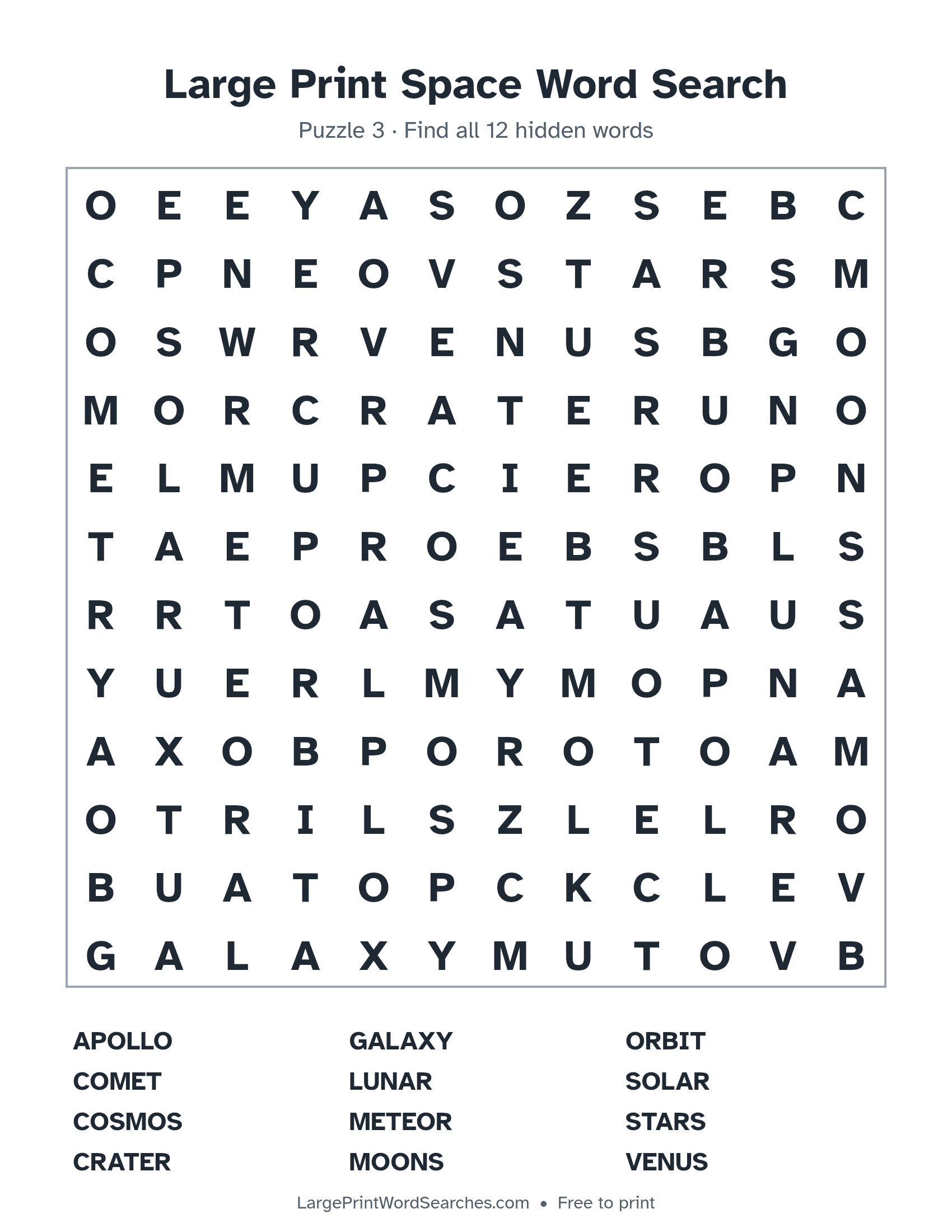 Large Print Space Word Search puzzle 3: a 12 by 12 letter grid with 12 hidden words in large print
