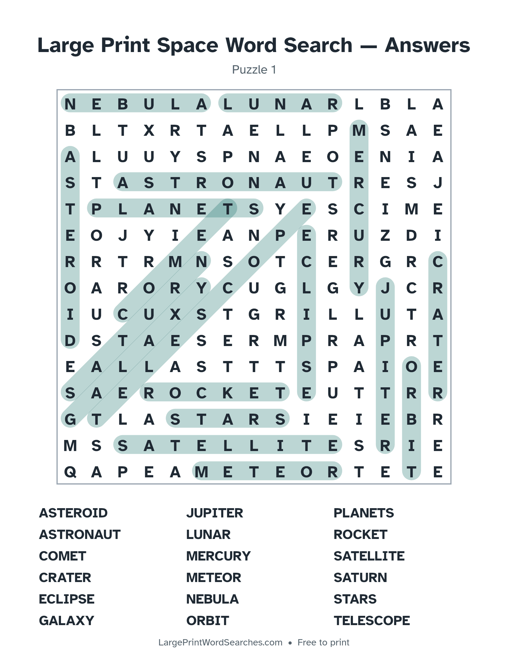 Answer key for large print space word search puzzle 1 with every hidden word highlighted